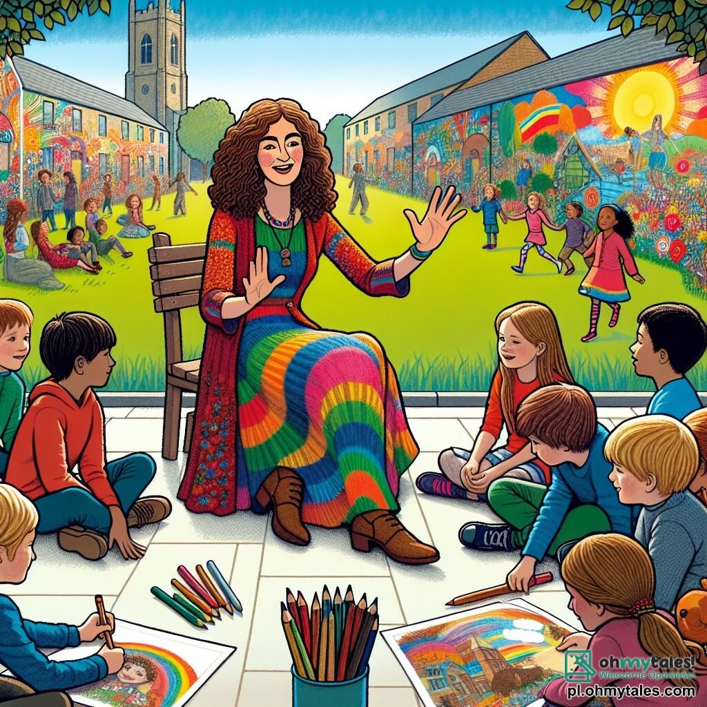Une illustration sous forme de dessin destinée aux enfants représentant un parc verdoyant dans un petit miasteczko, où une femme aux cheveux bruns et bouclés, vêtue d'une robe colorée, sourit chaleureusement tout en racontant des histoires aux enfants, qui sont un groupe de garçons et de filles aux visages curieux et émerveillés, assis autour d'elle avec des dessins en papier et des crayons de couleur, illustrant leurs rêves de paix et d'amitié, tandis qu'un grand mural coloré en arrière-plan montre des scènes de joie et de solidarité, symbolisant l'espoir d'un avenir sans guerre.