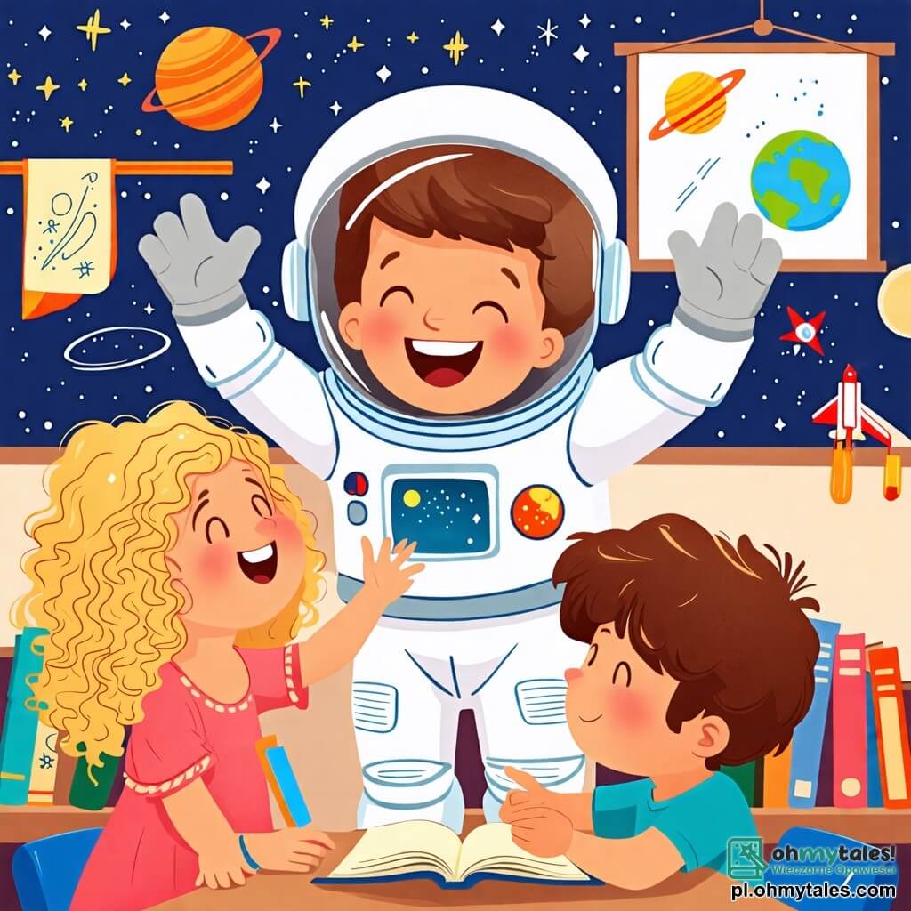 Une illustration sous forme de dessin destinée aux enfants représentant une scène joyeuse dans une salle de classe colorée, où un homme astronaute aux cheveux bruns et à la combinaison spatiale blanche, souriant et enthousiaste, explique à deux enfants : une fille aux cheveux blonds et bouclés, levant la main avec curiosité, et un garçon aux cheveux châtains, les yeux écarquillés d'émerveillement, alors qu'ils imaginent ensemble un voyage dans l'espace, entourés de livres sur les étoiles et des dessins de planètes accrochés aux murs.