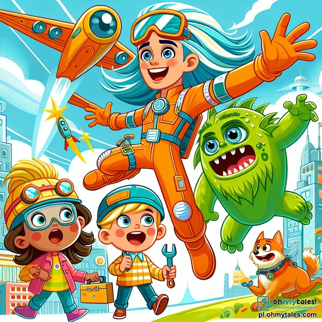 Une illustration sous forme de dessin destinée aux enfants représentant un parc coloré de Słoneczna Dolina, où un homme aux longs cheveux bleu ciel et aux yeux pétillants, vêtu d'un costume orange vif avec des détails argentés, vole dans les airs en souriant joyeusement, tandis qu'une fille aux cheveux bruns, portant des lunettes de protection et tenant des outils, et un garçon aux cheveux blonds, déguisé en petit chien, l'observent avec émerveillement, alors qu'ils aident un grand monstre vert aux yeux brillants, qui semble perdu et effrayé, à retrouver son chemin vers sa planète d'origine.