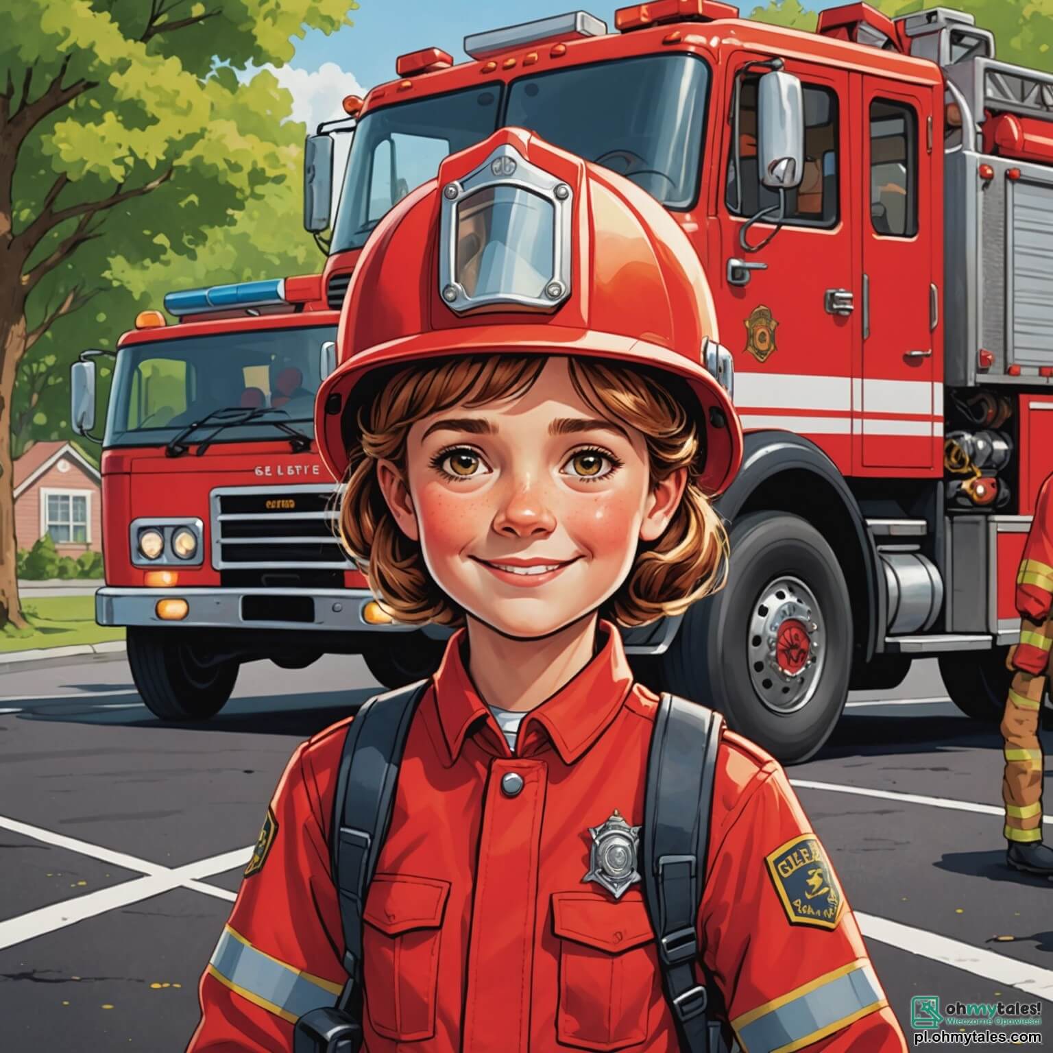 Une illustration destinée aux enfants représentant une courageuse femme en uniforme rouge, avec un casque brillant et un sourire déterminé, se tenant fièrement devant un grand camion de pompiers étincelant, garé sur le bitume noir d'une petite ville ensoleillée, où des enfants curieux, garçons et filles, l'observent avec admiration alors qu'elle s'apprête à éteindre un petit feu qui s'est déclaré près d'un parc verdoyant, entouré d'arbres majestueux et de fleurs colorées, tandis que sa meilleure amie, une fille pétillante aux cheveux bouclés, l'encourage avec des yeux brillants d'excitation, créant ainsi une atmosphère d'entraide et d'aventure.