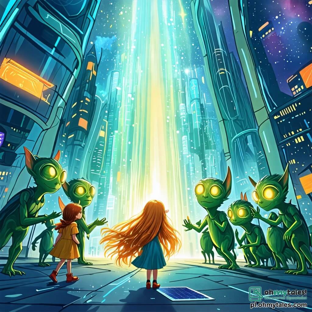 Une illustration sous forme de dessin destinée aux enfants représentant un parc technologique futuriste, avec des bâtiments en verre scintillant et des panneaux solaires, où une fille de 10 ans aux longs cheveux dorés et aux yeux pétillants explore avec enthousiasme un portail lumineux, entourée de créatures elfes aux peaux vertes et aux grands yeux brillants, qui l'observent avec admiration alors qu'elle s'apprête à entrer dans un monde magique, le tout baigné dans une lumière éclatante et colorée.