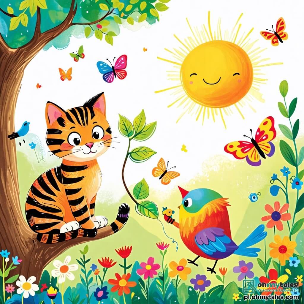 Une illustration sous forme de dessin destinée aux enfants représentant un charmant jardin ensoleillé, avec un chat aux pelage tigré et aux yeux pétillants, assis sur une branche d'arbre, observant avec curiosité une petite oiselle colorée qui tient un brin de feuille dans son bec, tandis qu'ils s'amusent à créer ensemble des jouets en forme de vers, entourés de fleurs éclatantes et de papillons virevoltants, illustrant ainsi leur joyeuse collaboration et leur amitié.