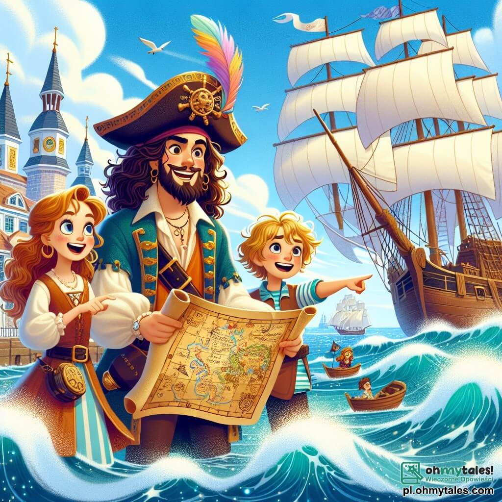 Une illustration sous forme de dessin destinée aux enfants représentant un port animé avec des voiles blanches flottant au vent, où un homme pirate à la chevelure longue et bouclée, portant un chapeau de pirate orné d'une plume colorée, tient une vieille carte au trésor, entouré d'une fille aux cheveux dorés, souriante et pleine d'enthousiasme, qui pointe du doigt une direction sur la carte, et d'un grand garçon au cœur d'or, fort et protecteur, qui regarde avec curiosité les vagues scintillantes, le tout évoquant l'excitation d'une aventure à la recherche d'un trésor caché.