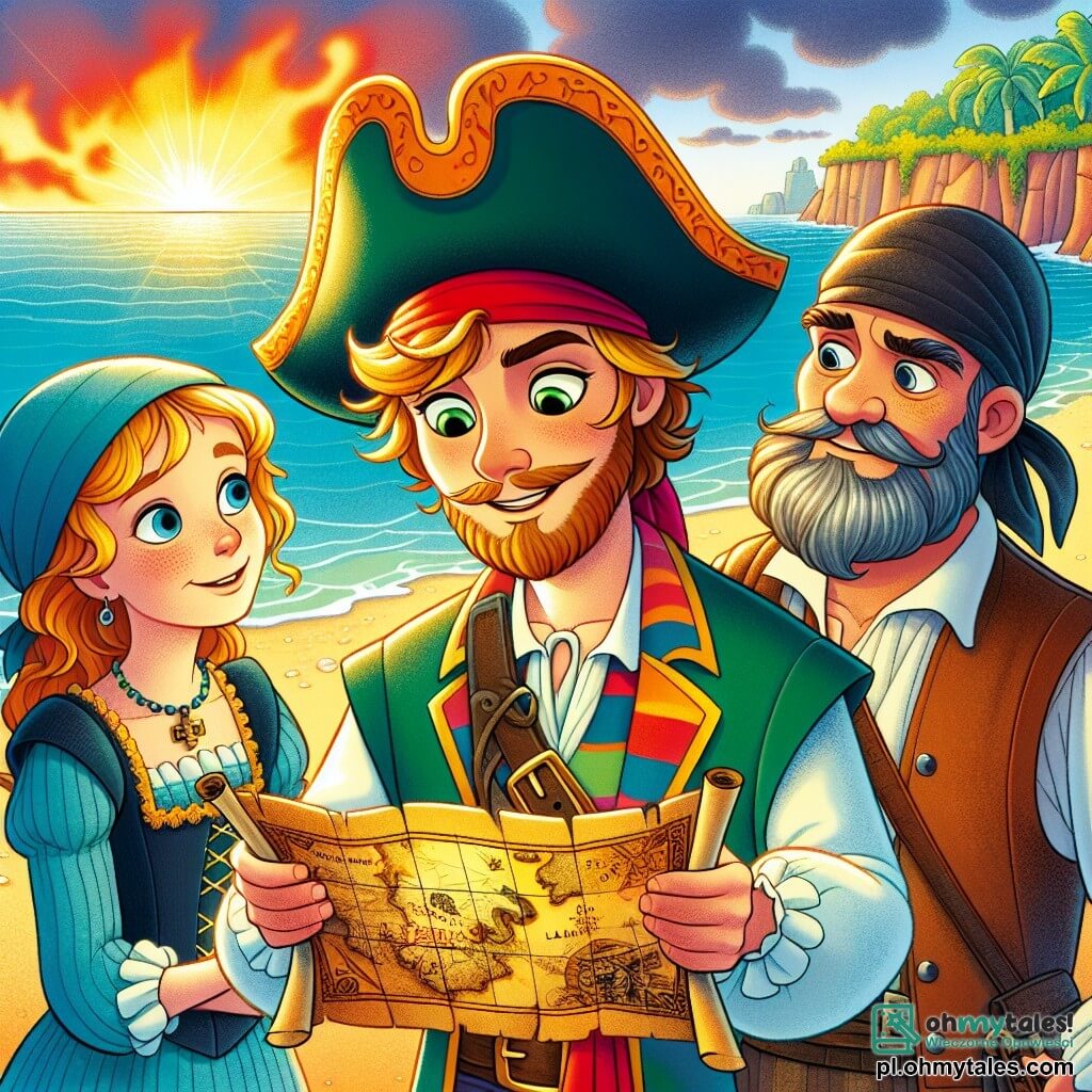 Une illustration sous forme de dessin destinée aux enfants représentant une plage ensoleillée sur l'île Płomienne, où un homme pirate à la barbe dorée et aux yeux verts pétillants, vêtu d'un chapeau de pirate et d'une chemise colorée, examine avec enthousiasme une vieille carte au trésor, tandis qu'une femme poissonnière, avec des cheveux ondulés et une robe bleue, et un homme costaud au grand cœur, portant un gilet en cuir, l'observent avec curiosité, tous trois prêts à partir à l'aventure pour découvrir le trésor caché.