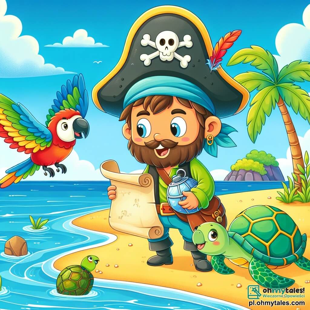Une illustration sous forme de dessin destinée aux enfants représentant une plage ensoleillée sur une île tropicale, avec un homme pirate au grand chapeau, à la barbe brune et aux vêtements colorés, tenant une carte au trésor tout en souriant, entouré d'un joyeux perroquet aux plumes multicolores qui vole autour de lui et d'un gros tortue marine à la carapace verte qui nage près du rivage, alors qu'ils découvrent ensemble une mystérieuse grotte où se cache un coffre au trésor scintillant, avec des palmiers et des vagues douces en arrière-plan.