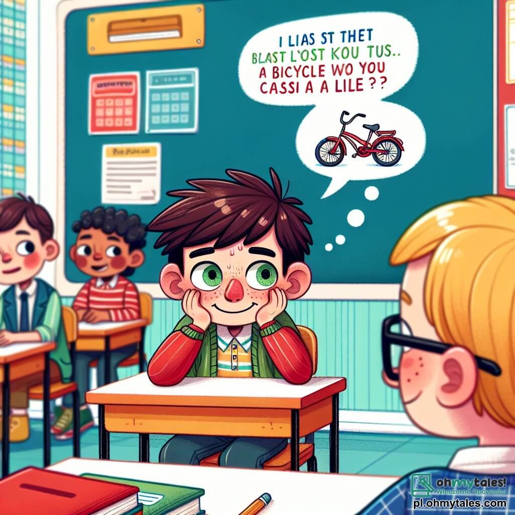 Une illustration sous forme de dessin destinée aux enfants représentant une salle de classe lumineuse avec des murs colorés, où un garçon de 9 ans aux cheveux bruns en désordre et aux yeux verts, assis à son bureau, regarde avec nervosité ses camarades, tandis qu'un autre garçon aux cheveux blonds et aux lunettes, intrigué, l'interroge sur un vélo rouge qu'il a prétendu posséder, illustrant ainsi le moment délicat où le mensonge commence à se fissurer.