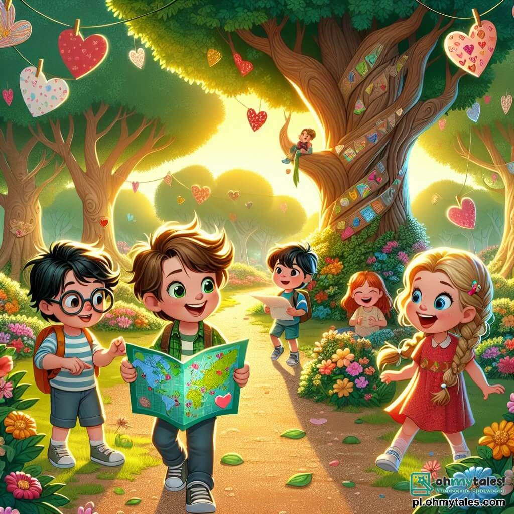 Ilustracja przedstawiająca park w pełnym rozkwicie, skąpany w złotym świetle zachodzącego słońca. Majestatyczne drzewa z wibrującymi zielonymi liśćmi otaczają małą żwirową ścieżkę, usianą kolorowymi kwiatami, podczas gdy w centrum stoi duży dąb, ozdobiony wiszącymi papierowymi sercami. Na pierwszym planie chłopiec w wieku około 10 lat, z brązowymi, potarganymi włosami i promiennym uśmiechem, trzyma w rękach kolorową mapę. Obok niego dziewczynka w wieku 9 lat, z warkoczami blond włosów i błyszczącymi oczami, z ciekawością przygląda się mapie, a jej policzki są zarumienione z ekscytacji. Otaczają ich dwie inne dzieci: chłopiec z czarnymi włosami i okularami, który wydaje się intensywnie myśleć, oraz dziewczynka o rudych włosach, która wybucha śmiechem, trzymając paczkę cukierków. Scena ukazuje dzieci w pełnej aktywności, rozwiązujących zagadkę, aby znaleźć ukryty skarb, z wybuchami śmiechu i żywymi gestami. Papierowe serca delikatnie unoszą się w powietrzu, dodając magicznego akcentu do radosnej atmosfery Walentynek.