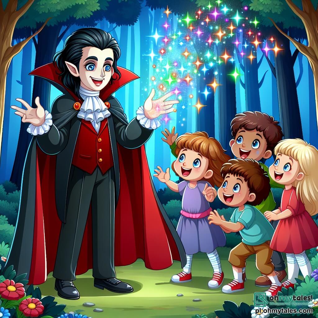 Une illustration sous forme de dessin destinée aux enfants représentant une clairière enchantée au cœur d'une forêt magique, où un vampire au long manteau rouge et aux cheveux noirs luisants, avec une expression amicale, utilise sa magie pour créer des étincelles colorées dans l'air, tandis qu'un groupe de trois enfants, deux filles aux cheveux blonds et bruns, et un garçon aux cheveux châtains, les yeux écarquillés de curiosité, l'entoure en riant et en s'émerveillant devant le spectacle féerique, capturant l'instant où ils découvrent la beauté et la magie de l'amitié dans un monde fantastique.