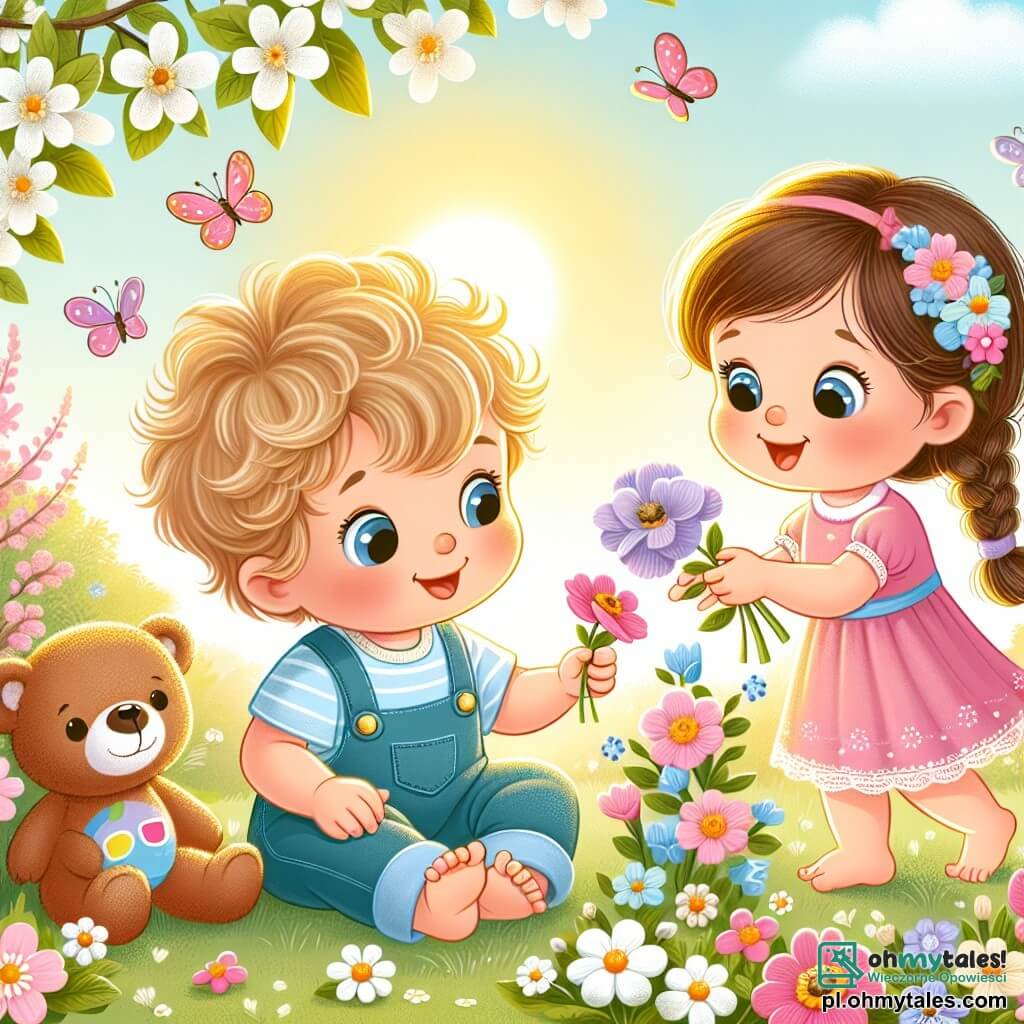 Une illustration sous forme de dessin destinée aux enfants représentant un jardin en pleine floraison au printemps, avec un petit garçon de 1 an aux cheveux blonds et bouclés, vêtu d'une salopette bleue, assis sur l'herbe verte en train de ramasser des fleurs colorées, tandis qu'une petite fille aux cheveux bruns et tressés, portant une robe rose, s'approche joyeusement avec un sourire, et un ours en peluche coloré à ses côtés, le tout baigné par la lumière dorée du soleil et entouré de papillons virevoltant autour des fleurs.