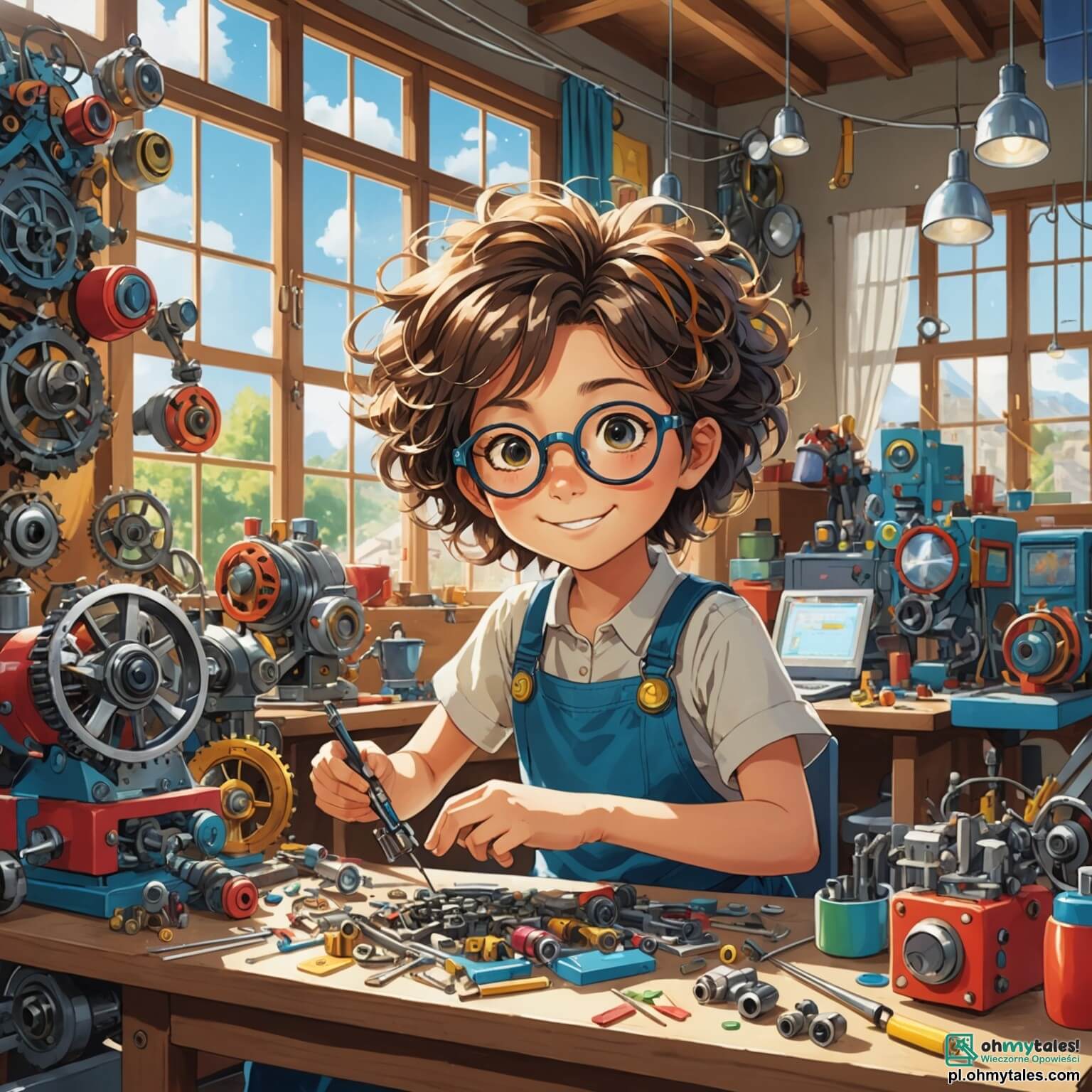 Une illustration destinée aux enfants représentant une femme aux cheveux en désordre et aux lunettes rondes, entourée de machines colorées et de pièces de métal scintillantes dans son atelier lumineux, où la lumière du soleil filtre à travers des fenêtres ornées de rideaux à motifs de petits engrenages, tandis qu'elle travaille avec passion sur une invention magique pour aider les enfants à ranger leurs jouets, épaulée par un petit garçon curieux au sourire éclatant et une petite fille aux yeux pétillants d'enthousiasme, tous deux émerveillés par les merveilles de la science et de l'imagination qui les entourent.