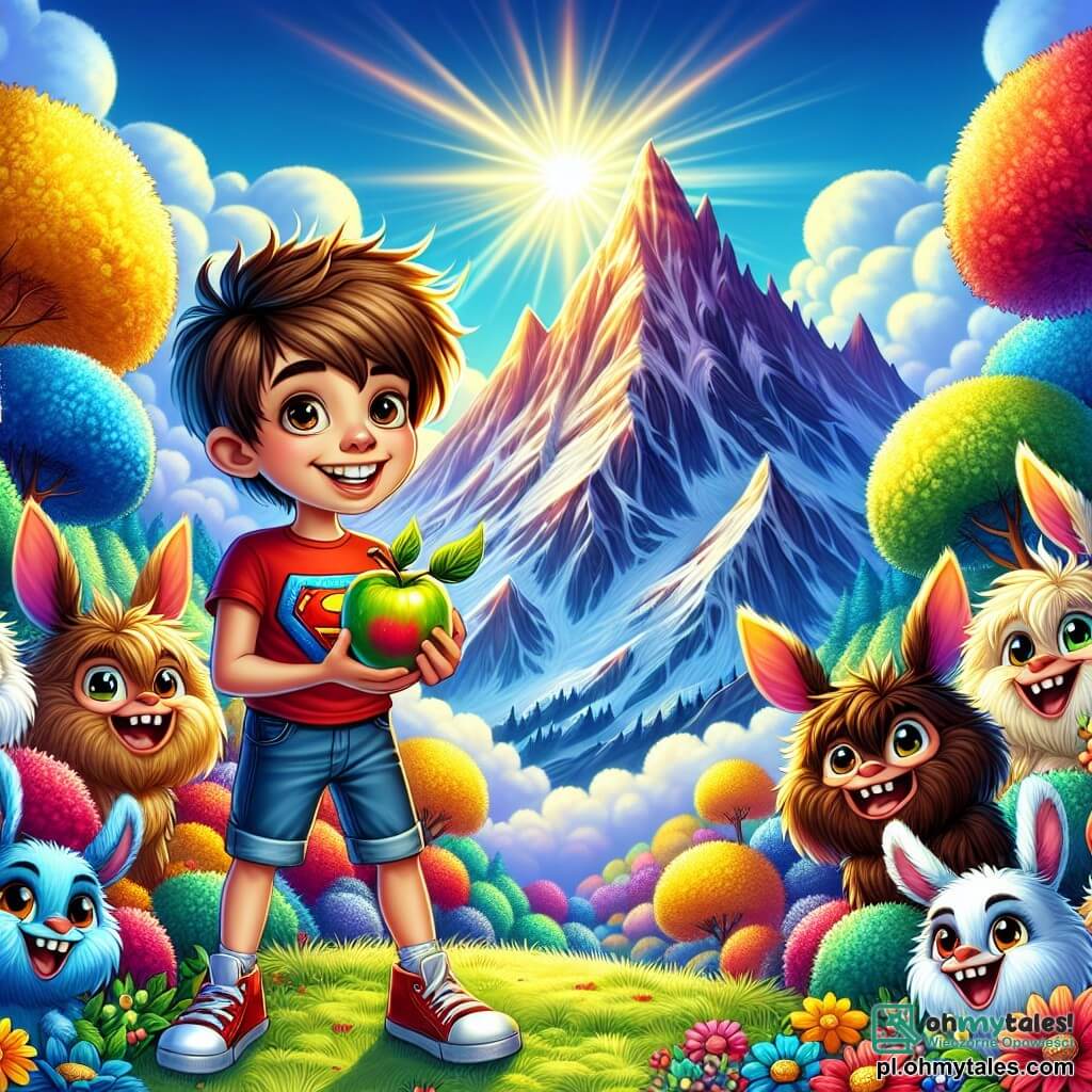 Ilustracja przedstawiająca szczyt magicznej góry, gdzie drzewa w jaskrawych kolorach i wielokolorowe kwiaty otaczają słoneczną polanę. W centrum stoi 11-letni chłopiec z rozczochranymi brązowymi włosami, błyszczącymi z ciekawości oczami i szerokim uśmiechem, dumnie trzymający w rękach błyszczące Złote Jabłko. Ma na sobie czerwoną koszulkę z motywami superbohaterów, dżinsowe szorty i zużyte trampki, co świadczy o jego licznych przygodach. Wokół niego skaczą radosne, fantastyczne stworzenia przypominające króliki z dużymi uszami i miękkim futrem, ich oczy błyszczą z ekscytacji. Scena emanuje atmosferą radości i triumfu, gdy chłopiec, otoczony nowymi przyjaciółmi, świętuje swoją wygraną po rozwiązaniu zagadek smoka. W tle niebo ma intensywny niebieski kolor, usiane puszystymi chmurami, a góra majestatycznie wznosi się, dodając całości nuty tajemniczości.