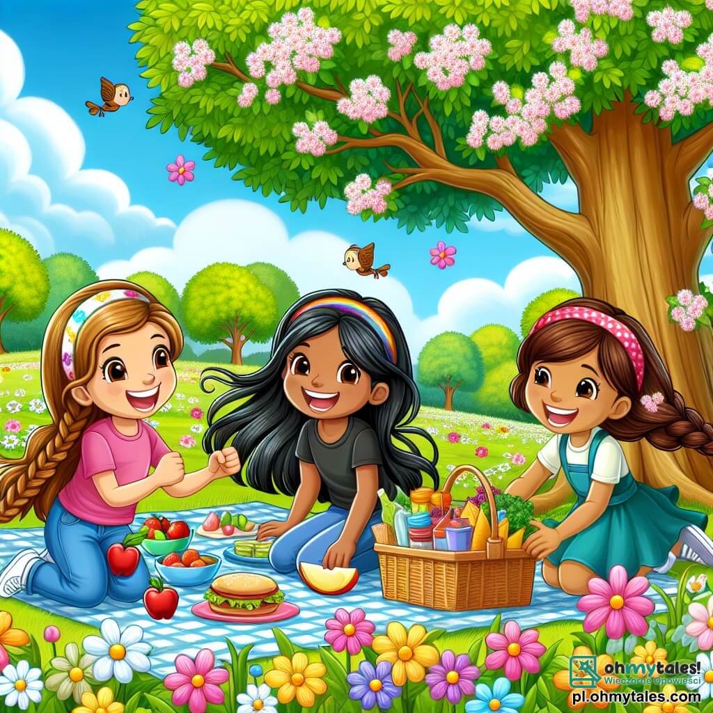 Une illustration sous forme de dessin destinée aux enfants représentant un parc verdoyant en plein printemps, avec des fleurs colorées éclosent sous un ciel bleu clair, où une fille de 9 ans aux longs cheveux bruns tressés joue joyeusement avec ses deux amies, une fille aux cheveux blonds en tresse et une autre aux cheveux châtains, toutes trois riant et courant autour d'un grand arbre, tandis qu'elles organisent un pique-nique avec des sandwichs et des fruits étalés sur une couverture à carreaux, symbolisant l'amitié et la joie de vivre en pleine nature.