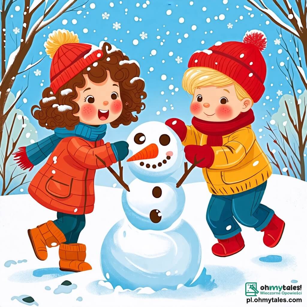 Une illustration sous forme de dessin destinée aux enfants représentant un jardin enneigé, avec une petite fille de 2 ans aux cheveux bouclés et aux joues roses, vêtue d'une chaude combinaison colorée, en train de sauter joyeusement dans la neige, tandis qu'un garçon de 3 ans aux cheveux blonds et aux yeux pétillants, portant un bonnet rouge, l'aide à construire un bonhomme de neige avec une carotte pour le nez et des cailloux pour les yeux, le tout sous un ciel bleu clair et ensoleillé, évoquant la magie de l'hiver.