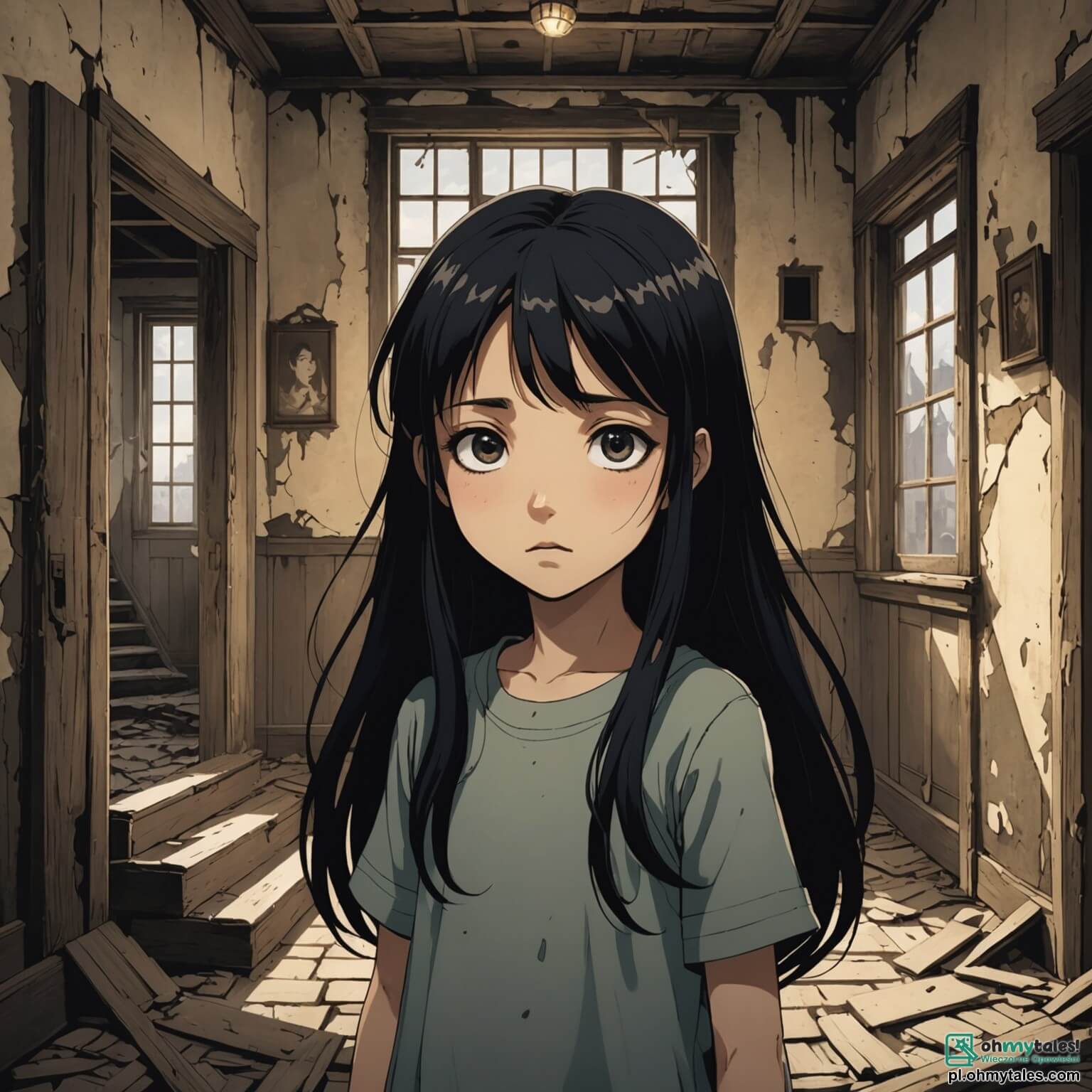 Une illustration destinée aux enfants représentant une fille aux longs cheveux noirs comme l'ébène, ses yeux écarquillés de peur reflétant la lueur vacillante d'une chandelle, se tenant au milieu d'une vieille maison abandonnée aux murs décrépits, où les ombres dansent sur le papier peint déchiré et où le parquet grince sous ses pas hésitants, entourée de portraits poussiéreux aux regards perçants, tandis qu'un mystérieux garçon aux traits pâles et au sourire énigmatique se tient dans l'ombre, observant chaque mouvement de la jeune fille, alors qu'elle cherche à percer le secret d'une légende terrifiante qui hante les lieux depuis des générations.