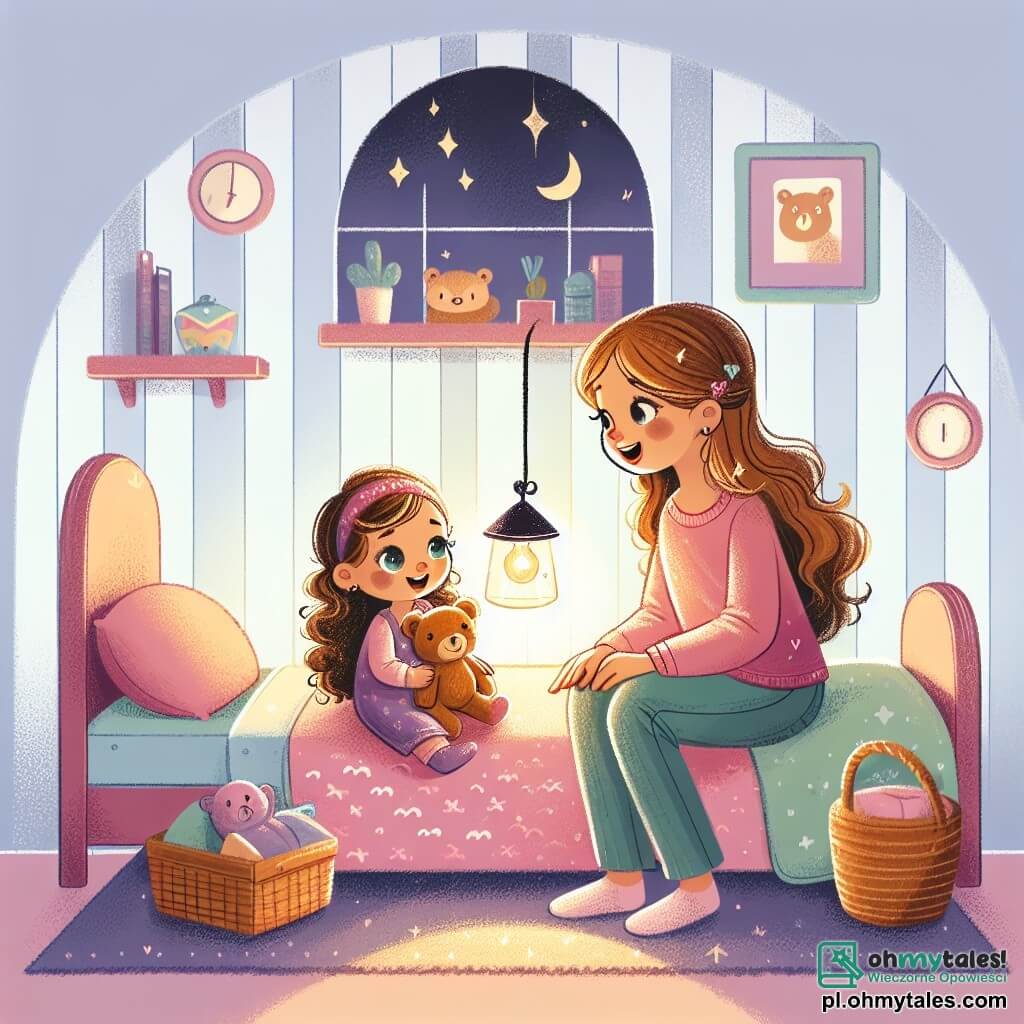 Une illustration sous forme de dessin destinée aux enfants représentant une chambre douce et chaleureuse, avec des murs peints en pastel et une petite lampe qui diffuse une lumière apaisante, au centre une petite fille de 1 an aux cheveux bouclés et aux yeux pétillants, assise dans son lit avec un doudou en peluche, regardant sa maman avec un sourire rassurant, tandis que la maman, une femme douce avec des cheveux longs et bruns, s'agenouille à côté du lit en lui racontant une histoire, créant une atmosphère de tendresse et de sécurité face à la peur du noir.