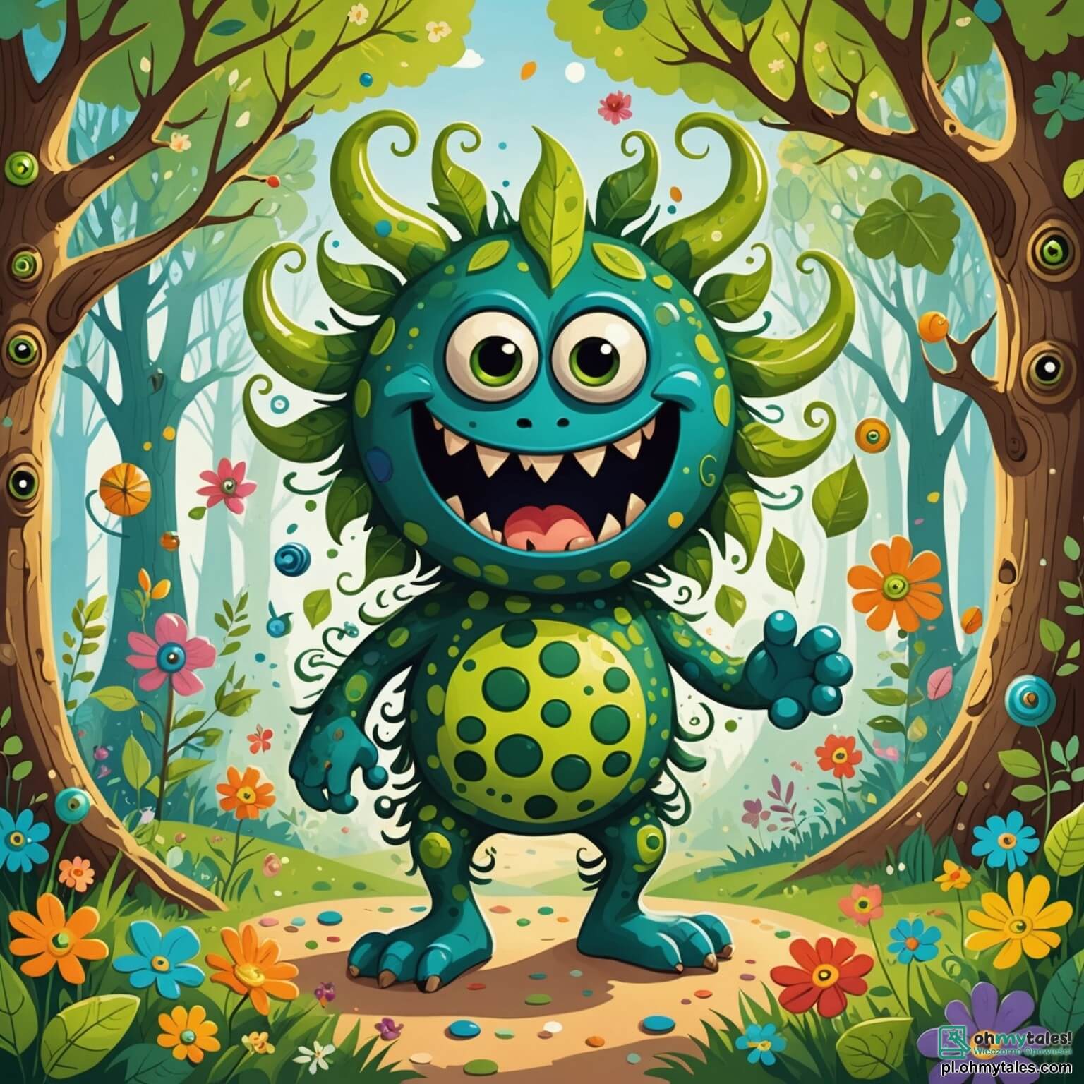 Une illustration destinée aux enfants représentant un monstre rigolo et pétillant de joie, avec une peau verte parsemée de taches multicolores, de grands yeux ronds et brillants comme des billes, et des oreilles en forme de grandes feuilles de chêne, se retrouvant dans une forêt enchantée où les arbres dansent au rythme du vent, les fleurs chantent des mélodies douces et les ruisseaux murmurent des secrets, tandis qu'il est entouré de ses amis, une petite créature bleue à grandes oreilles, pleine de malice et de curiosité, et une vache rose aux taches violettes, douce et rêveuse, tous unis pour partir à la recherche d'un trésor caché, illuminant leur aventure de rires et de couleurs dans ce monde féerique où les rayons du soleil filtrent à travers le feuillage, créant des ombres dansantes sur le sol tapissé de mousse.