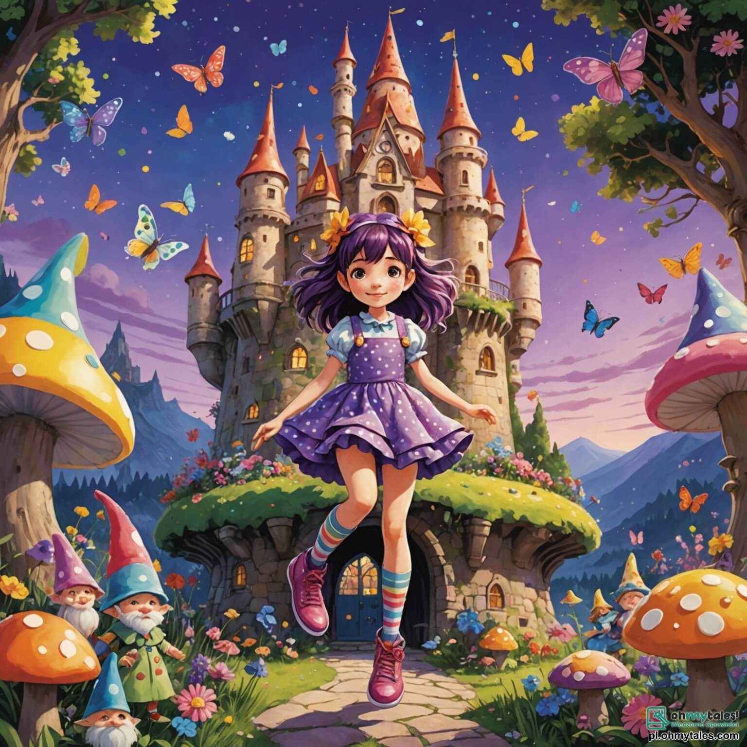 Une illustration destinée aux enfants représentant une fille aux cheveux en bataille, portant une robe à pois multicolores et des chaussettes dépareillées, qui se retrouve coincée dans un gigantesque gâteau en forme de château, entourée de petits gnomes rigolos aux chapeaux pointus, dans un jardin féerique rempli de fleurs géantes aux couleurs éclatantes et de papillons dansants, sous un ciel violet parsemé d'étoiles scintillantes.