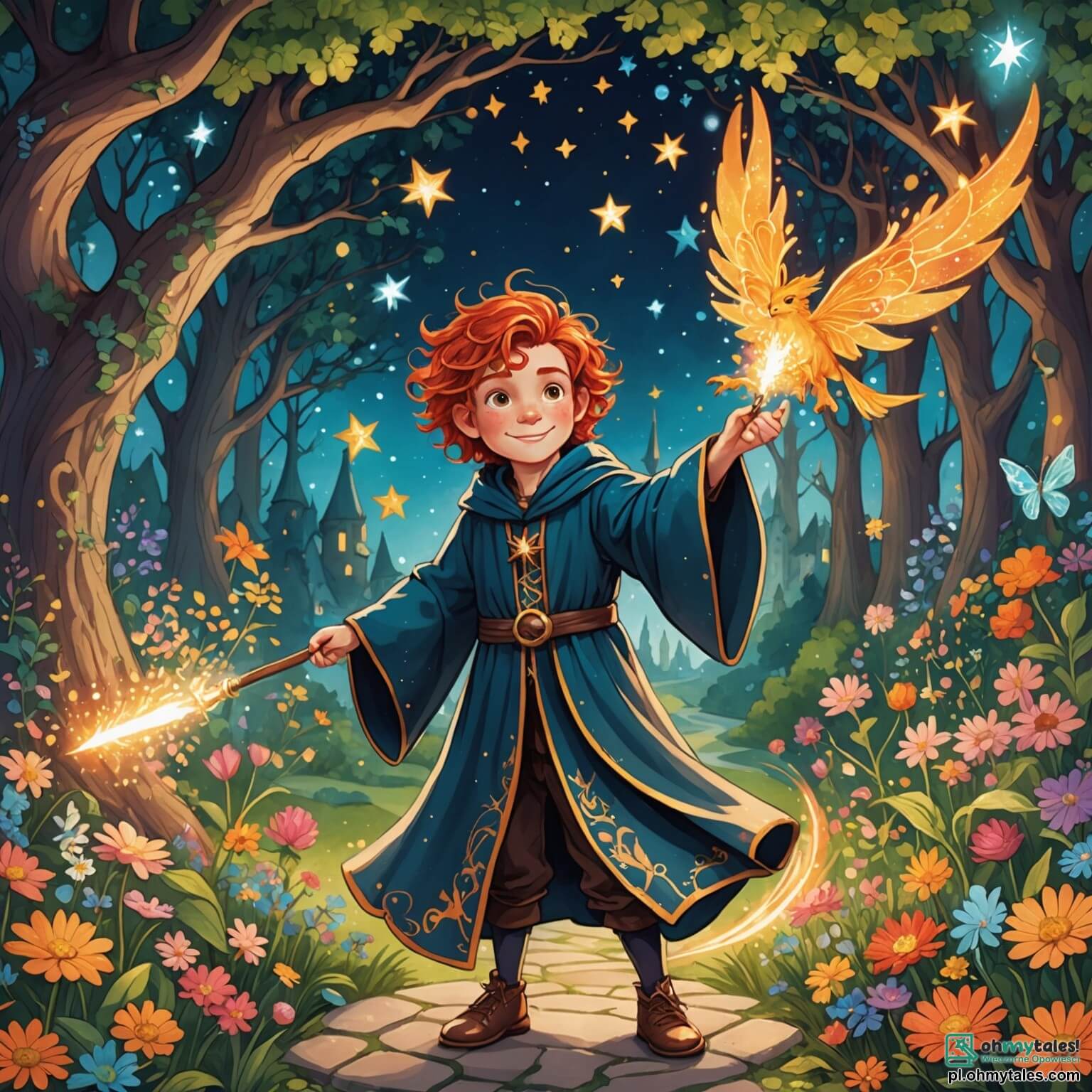 Une illustration destinée aux enfants représentant un jeune sorcier à la chevelure flamboyante, vêtu d'une robe chatoyante ornée d'étoiles scintillantes, se tenant au centre d'un jardin enchanté où des fleurs colorées dansent au rythme d'une douce mélodie, entouré de créatures magiques comme une petite fée aux ailes iridescentes et un dragon espiègle aux écailles étincelantes, tous prêts à vivre une aventure pleine de rires et de surprises, alors qu'ils préparent une grande fête pour célébrer l'amitié et la magie dans ce lieu féerique où les arbres semblent chuchoter des secrets et les nuages prennent des formes amusantes.