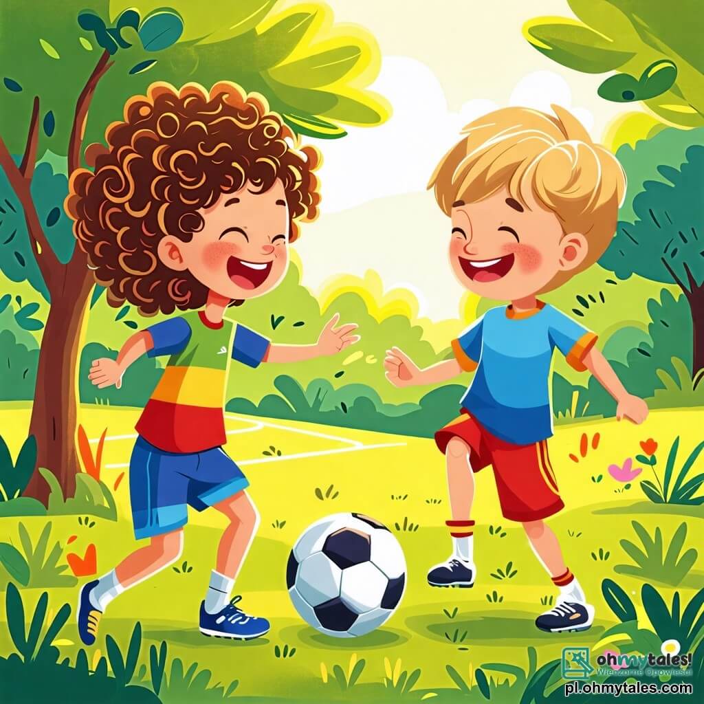 Une illustration sous forme de dessin destinée aux enfants représentant un parc ensoleillé avec des arbres verdoyants et un terrain de football, où une jeune fille aux cheveux bruns et bouclés, portant un maillot de football coloré et des shorts, montre à un garçon aux cheveux blonds et courts, vêtu d'un t-shirt et de pantalons, comment frapper une balle de football, tandis qu'ils rient et s'amusent ensemble, capturant l'esprit de camaraderie et de joie du jeu.
