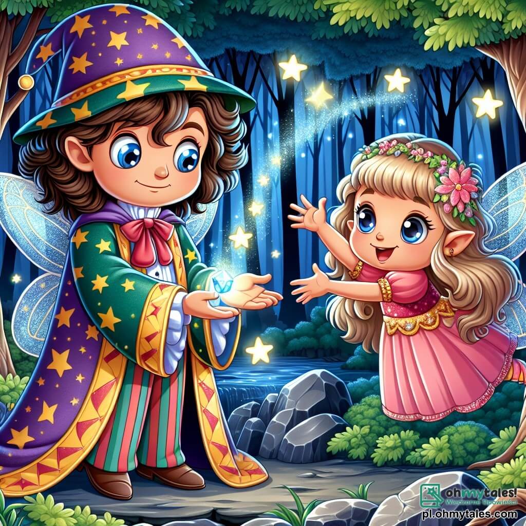 Une illustration sous forme de dessin destinée aux enfants représentant une forêt enchantée, où un jeune sorcier aux longs cheveux bouclés et aux yeux pétillants, vêtu d'une robe colorée ornée d'étoiles, utilise sa magie pour illuminer l'obscurité d'une caverne mystérieuse, tandis qu'une petite fée aux ailes scintillantes, avec un sourire radieux, l'encourage en flottant à ses côtés, alors qu'ils cherchent ensemble un précieux cristal magique pour sauver la magie du Księżyc.