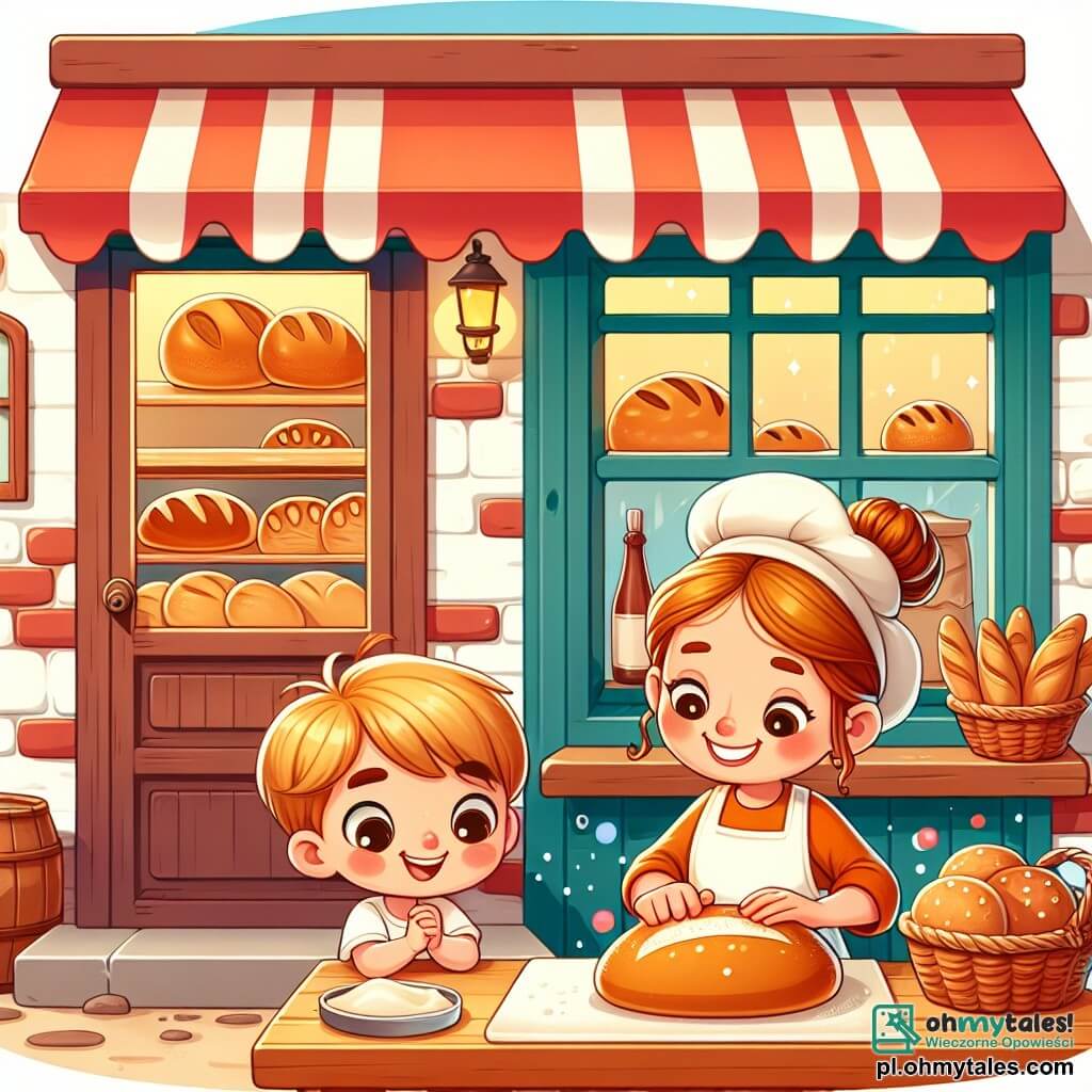 Une illustration sous forme de dessin destinée aux enfants représentant une charmante petite boulangerie avec des murs en briques rouges et une vitrine remplie de pains dorés, où une femme souriante, aux cheveux châtains attachés en chignon et portant un tablier blanc, pétrit de la pâte sur un grand plan de travail en bois, tandis qu'un petit garçon aux yeux pétillants et aux cheveux blonds observe avec émerveillement, tenant un morceau de pain chaud dans ses mains, illustrant la magie du processus de fabrication du pain et la joie de partager des moments simples et délicieux.