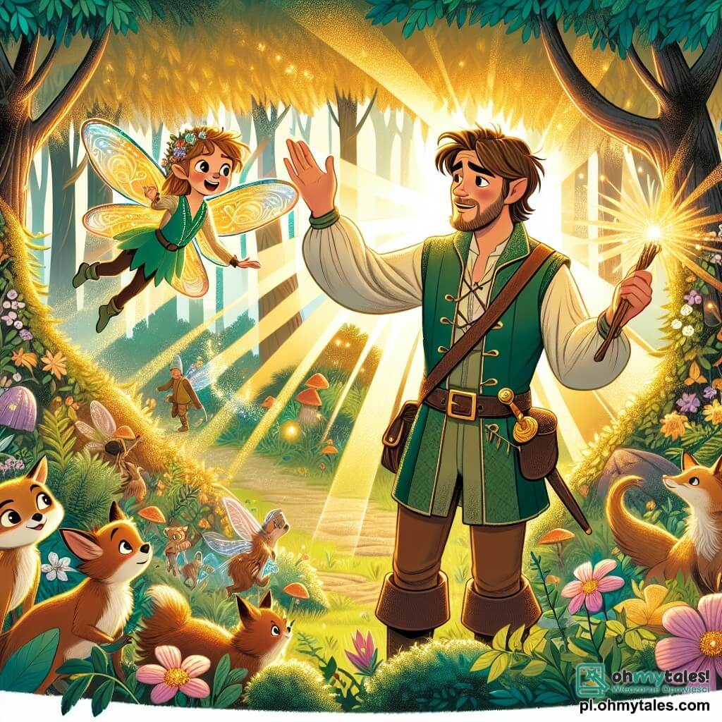 Une illustration sous forme de dessin destinée aux enfants représentant un magnifique Zaczarowany Las avec des arbres aux feuilles dorées et des fleurs scintillantes, où un homme courageux aux cheveux bruns et à la barbe légère, vêtu d'une tunique verte, brandit un bâton magique tout en discutant avec une petite fée aux ailes brillantes et colorées, qui vole autour de lui avec enthousiasme, alors qu'ils se préparent à affronter la sorcière maléfique pour récupérer la magie volée, avec des animaux du bois les observant curieusement et des rayons de lumière filtrant à travers le feuillage.