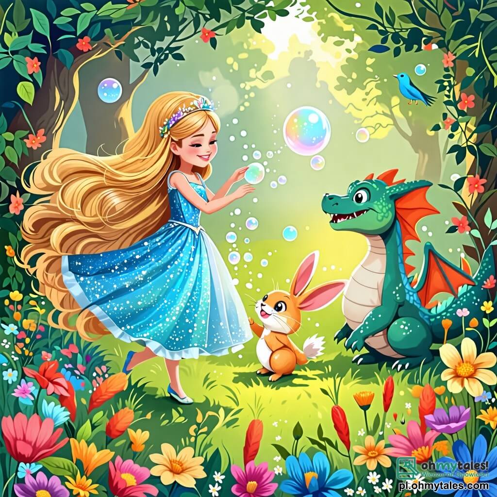 Une illustration sous forme de dessin destinée aux enfants représentant un magnifique et coloré jardin enchanté, rempli de fleurs éclatantes et de chants d'oiseaux, où une princesse aux longs cheveux dorés et aux yeux brillants, vêtue d'une robe scintillante, danse joyeusement avec un drôle de petit lapin aux grandes oreilles qui saute autour d'elle, tandis qu'un petit dragon aux écailles multicolores, émettant des bulles de fumée, les observe en riant, le tout illustrant leur quête amusante pour trouver des carottes cachées dans le jardin.