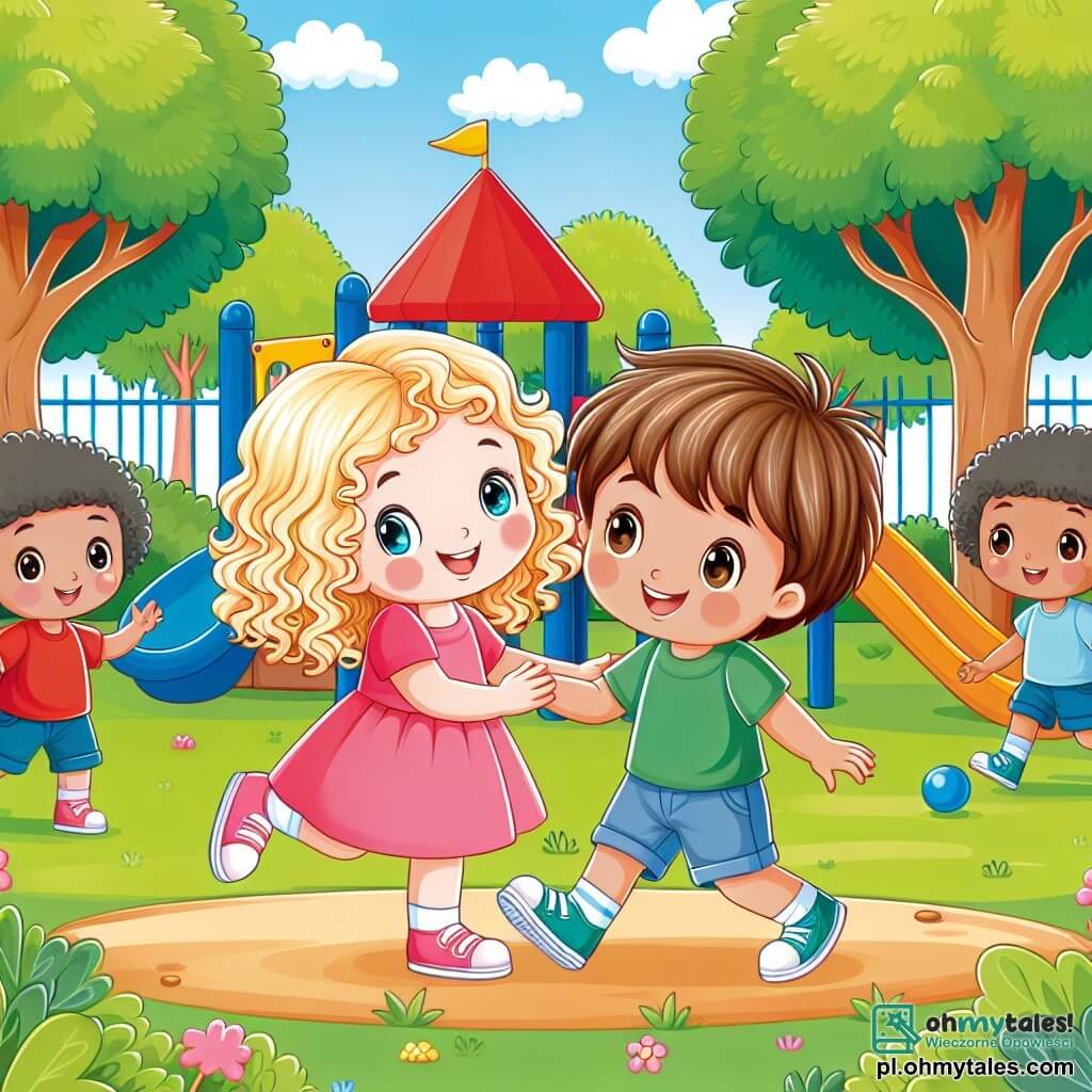 Une illustration sous forme de dessin destinée aux enfants représentant un parc ensoleillé avec des arbres verdoyants et une aire de jeux colorée, où un petit garçon de 3 ans aux cheveux bruns et aux yeux pétillants, souriant et joyeux, joue à cache-cache avec une petite fille aux cheveux blonds et bouclés, vêtue d'une robe rose, tandis qu'un autre garçon, d'origine asiatique, les observe avec un sourire, illustrant l'amitié et la tolérance entre les enfants de différentes origines.