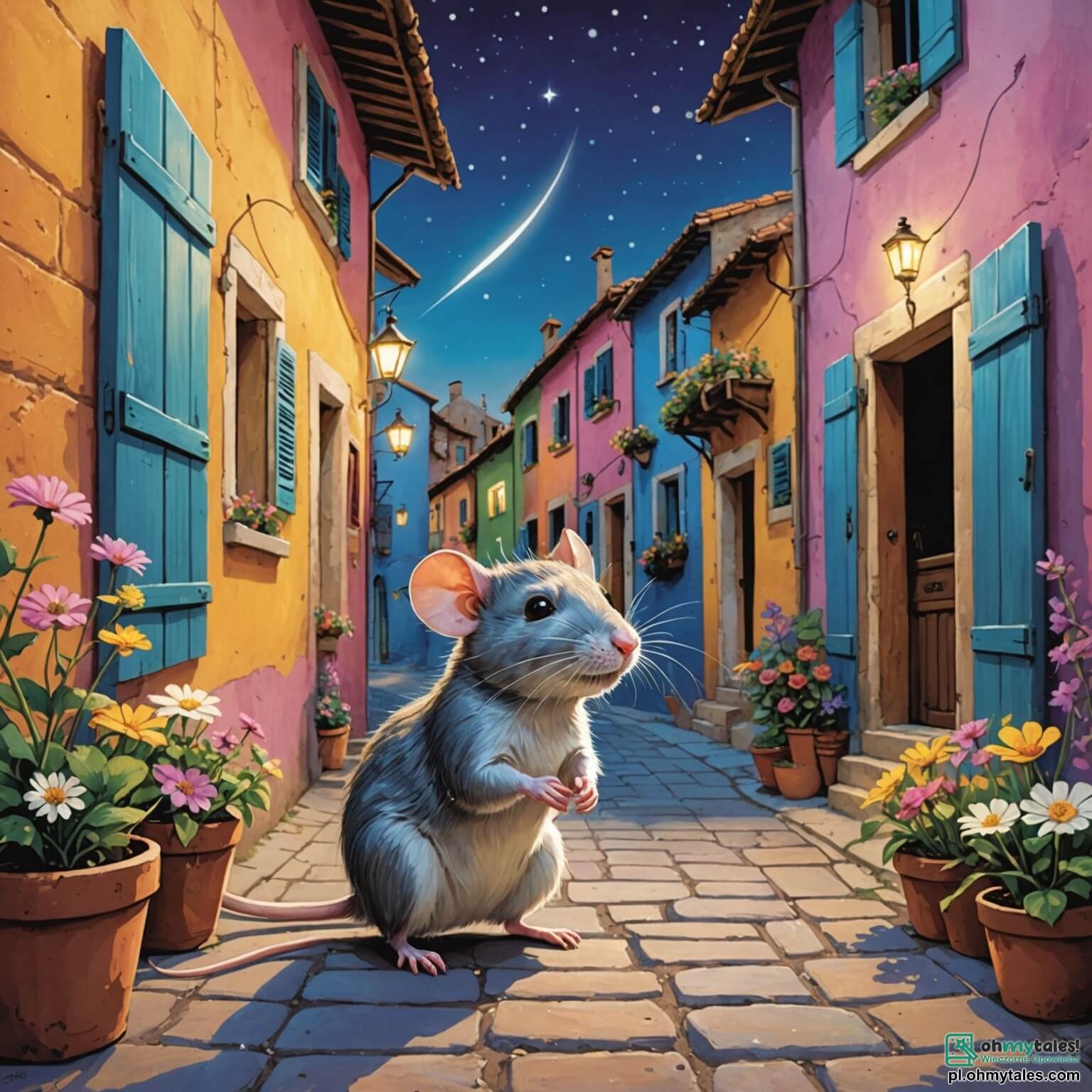 Une illustration destinée aux enfants représentant un petit rat au pelage soyeux et brillant comme une étoile filante, aux yeux pétillants de malice et de curiosité, se faufilant avec agilité à travers les ruelles colorées d'un charmant village où les maisons aux façades pastel sont ornées de volets en bois et de fleurs éclatantes, tandis qu'il se lance dans une aventure palpitante pour découvrir la vérité derrière un mystérieux bruit nocturne, accompagné de son ami le joyeux oiseau aux plumes chatoyantes et de l'imposant mais doux loup au cœur tendre, le tout se déroulant dans un décor enchanteur de jardins luxuriants, de vieux arbres majestueux et de chemins sinueux bordés de buissons fleuris.
