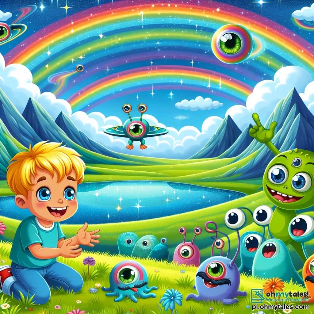 Une illustration sous forme de dessin destinée aux enfants représentant un magnifique paysage extraterrestre sur la planète Zorak, avec des prairies aux couleurs vives et un ciel rempli de nuages multicolores, où un garçon de 5 ans aux cheveux dorés et aux yeux bleus joue joyeusement dans l'herbe, entouré de créatures amicales : un extraterrestre vert à trois yeux qui sourit et des petites créatures rondes aux longs moustaches qui dansent autour de lui, capturant l'instant magique où ils s'amusent ensemble près d'un scintillant lac aux reflets arc-en-ciel.