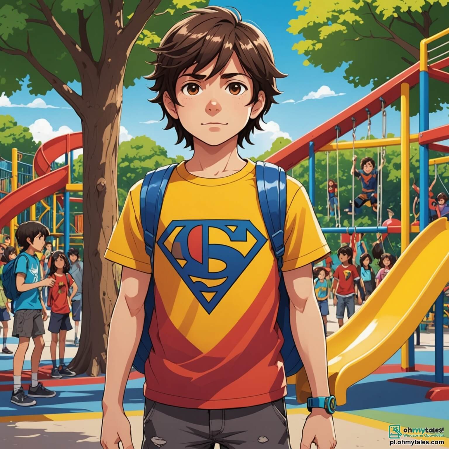 Une illustration destinée aux enfants représentant un garçon de 10 ans aux cheveux bruns en bataille, vêtu d'une t-shirt coloré orné de super-héros, se tenant courageusement sur un terrain de jeu ensoleillé, entouré de balançoires et de toboggans colorés, tandis qu'il fait face à des camarades de classe, dont une fille aux longs cheveux noirs et à la peau caramel, qui, bien que nouvellement arrivée dans leur petite ville, se retrouve isolée à cause de son origine, tandis que le vent léger fait danser les feuilles des arbres, symbolisant la lutte contre les préjugés et l'importance de l'amitié dans un monde où les différences devraient être célébrées plutôt que rejetées.