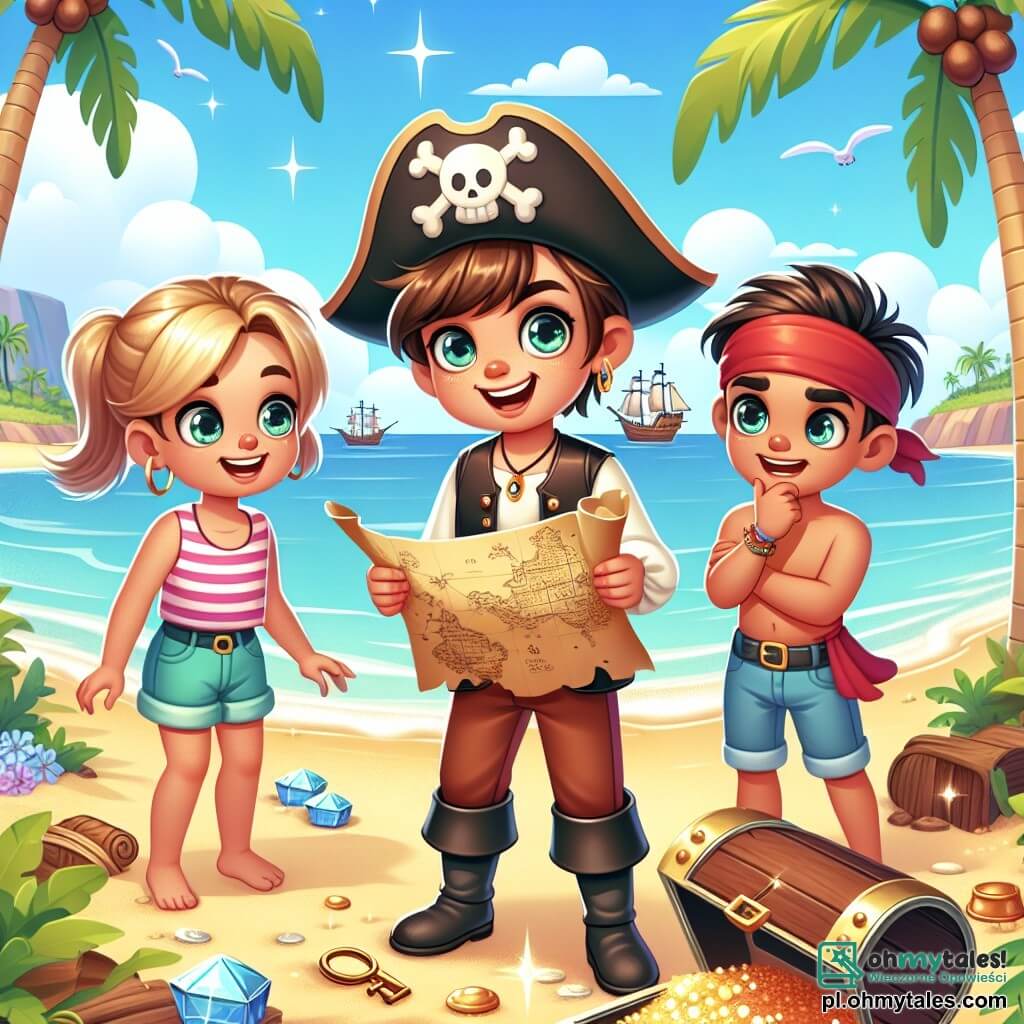 Une illustration sous forme de dessin destinée aux enfants représentant une plage ensoleillée sur une île tropicale, avec un jeune garçon pirate aux cheveux bruns et aux yeux pétillants, portant un chapeau de pirate et un gilet en cuir, tenant une vieille carte au trésor dans ses mains, tandis qu'à ses côtés, une fille agile aux cheveux blonds et aux vêtements colorés observe attentivement, et un garçon musclé avec un foulard rouge autour du cou regarde avec enthousiasme, alors qu'ils découvrent une mystérieuse joute de pirates sur le sable, entourés de palmiers et de trésors scintillants.