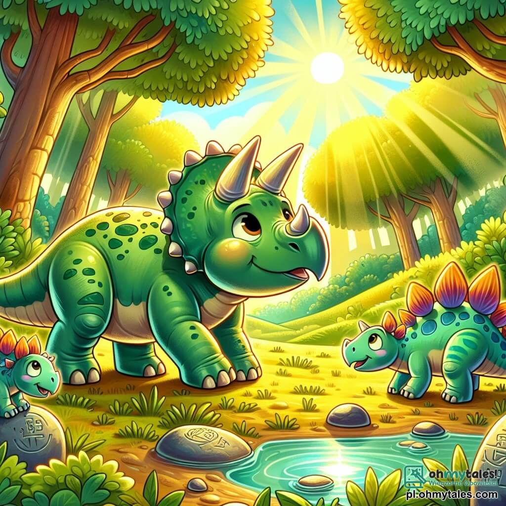 Une illustration sous forme de dessin destinée aux enfants représentant une clairière verdoyante baignée par la lumière dorée du soleil, où un jeune tricératops aux écailles vertes et aux trois majestueux rogers se tient curieusement près d'un lac scintillant, entouré de deux joyeux stégosaures aux plaques dorsales colorées qui jouent ensemble, tandis qu'ils découvrent des symboles mystérieux gravés sur des pierres, évoquant une aventure palpitante à la recherche de trésors cachés dans le monde des dinosaures.