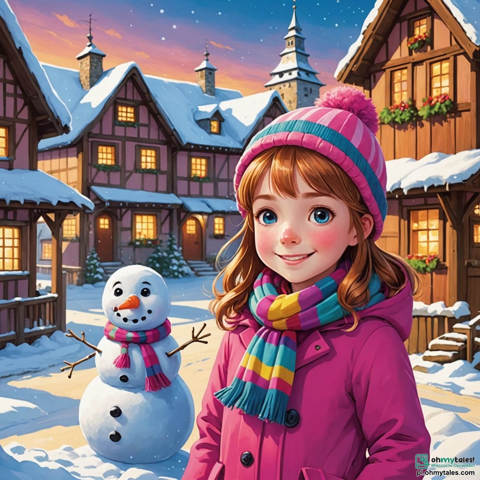 Une illustration destinée aux enfants représentant une petite fille aux cheveux châtains, vêtue d'un manteau rose éclatant et d'une écharpe à rayures colorées, qui, avec un sourire radieux illuminant son visage, s'apprête à construire un immense bonhomme de neige dans un village pittoresque, où les maisons en bois aux toits recouverts de neige scintillante se dressent autour d'une grande place, tandis que ses deux amis, une fille aux cheveux blonds portant un bonnet bleu et un garçon aux cheveux bruns en manteau vert, l'entourent, tous trois riant et s'amusant dans ce paysage hivernal féérique, où les flocons de neige dansent dans l'air frais et où l'odeur du chocolat chaud flotte depuis la cuisine d'une maison voisine.