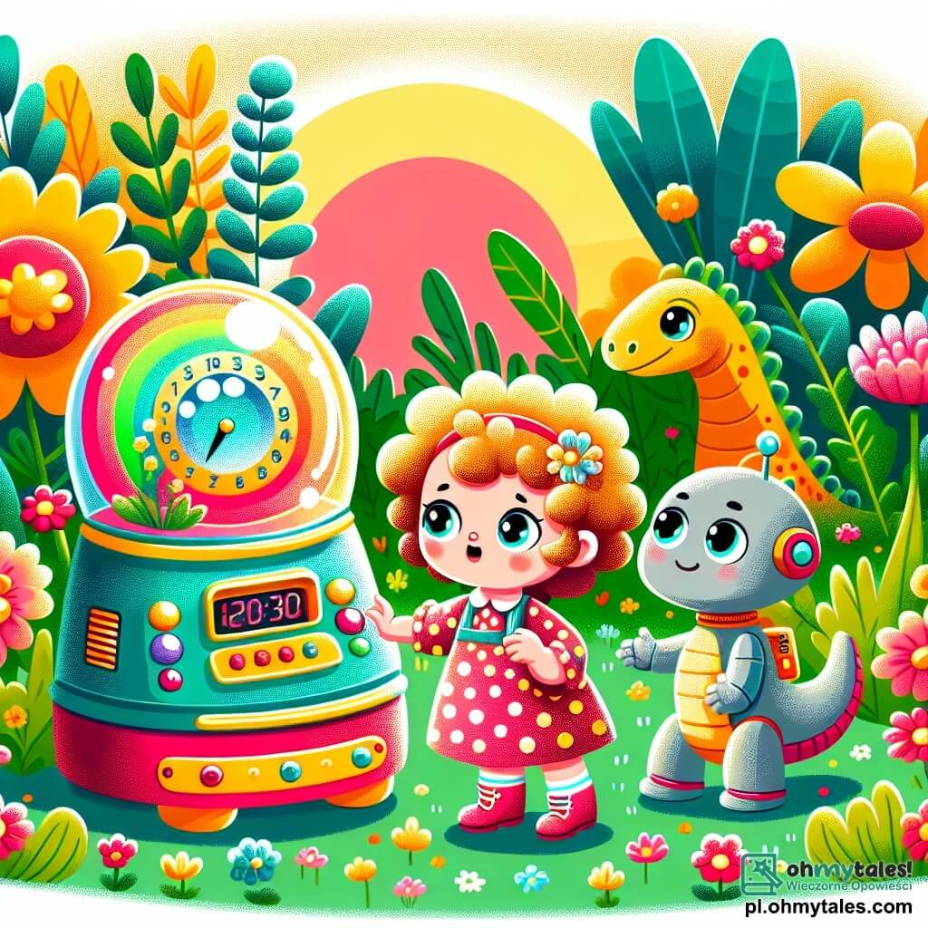 Une illustration sous forme de dessin destinée aux enfants représentant un jardin ensoleillé rempli de fleurs colorées, où une petite fille de 3 ans aux cheveux bouclés et aux yeux pétillants, vêtue d'une robe à pois, explore avec émerveillement une machine à voyager dans le temps aux couleurs vives, tandis qu'un petit robot amical, aux formes arrondies et aux lumières clignotantes, lui explique comment l'utiliser, et en arrière-plan, un jeune dinosaure aux écailles vertes les observe curieusement, illustrant ainsi une scène magique de découverte et d'aventure dans le temps.