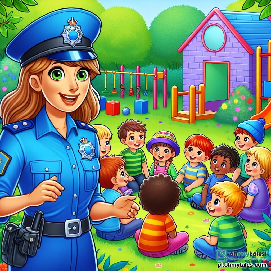Une illustration sous forme de dessin destinée aux enfants représentant un coloré et animé terrain de jeu en plein air, avec une femme policière souriante en uniforme bleu, portant une casquette et une badge brillant, qui explique aux enfants l'importance de la sécurité, tandis qu'un groupe de garçons et de filles aux cheveux colorés et aux vêtements vifs l'écoute attentivement, assis en cercle autour d'elle, avec des jouets et des jeux en arrière-plan, créant une atmosphère joyeuse et éducative.