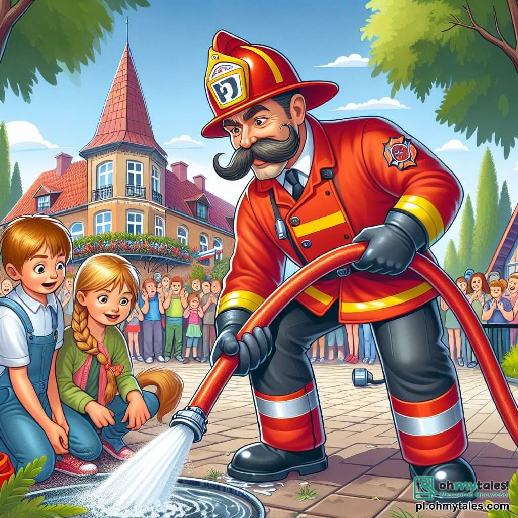 Une illustration sous forme de dessin destinée aux enfants représentant une scène vibrante dans un petit parc de Zielona Góra, où un homme courageux, avec une grande moustache et portant une brillante combinaison rouge de pompier, utilise un puissant tuyau d'incendie pour éteindre un feu, tandis que deux enfants, une fille aux cheveux blonds en tresse et un garçon aux cheveux bruns, regardent avec émerveillement et apprennent à ses côtés, entourés de verdure et de spectateurs admiratifs applaudissant l'héroïsme du pompier.