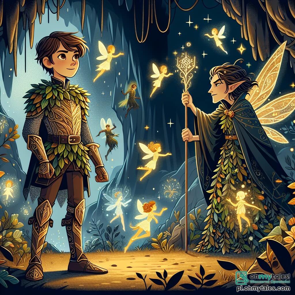 Une illustration sous forme de dessin destinée aux enfants représentant une forêt enchantée, où un jeune homme courageux aux cheveux bruns et aux yeux pétillants, vêtu d'une armure faite de feuilles et de filigrane, se tient fermement devant une grande jaskinia sombre, tenant un bâton magique brillant, tandis que des petites fées lumineuses aux ailes colorées dansent autour de lui, l'encourageant à affronter une sorcière maléfique aux yeux froids et au sourire diabolique, qui se tient dans l'ombre, prête à lancer un sort, le tout baigné dans une lumière dorée et mystérieuse qui évoque la magie des contes de fées.