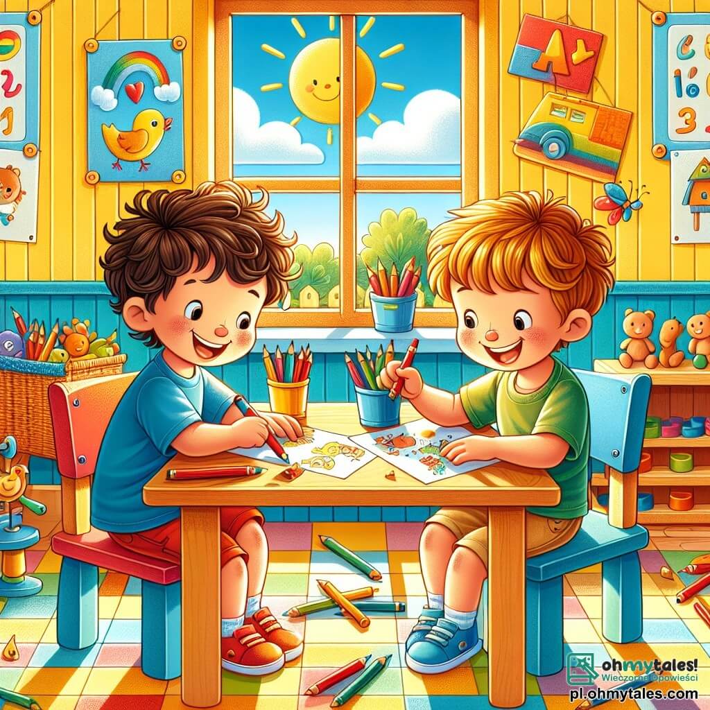 Ilustracja przedstawiająca jasną i kolorową klasę, z żółtymi ścianami i oknami wpuszczającymi światło słoneczne. Na środku dwóch chłopców w wieku około 5 lat siedzi przy drewnianym stole, otoczonych kartkami papieru i kredkami. Jeden z chłopców, z brązowymi, kręconymi włosami, ma na sobie niebieską koszulkę i czerwone szorty, podczas gdy drugi, z blond, gładkimi włosami, nosi zieloną koszulkę i beżowe spodnie. Śmieją się i wymieniają kredki, rysując zwierzęta i statki kosmiczne na swoich kartkach. W tle kolorowe plakaty z literami i cyframi zdobią ściany, a zabawki drewniane są porozrzucane po podłodze, co dodaje radosnej i przyjaznej atmosfery do sceny.