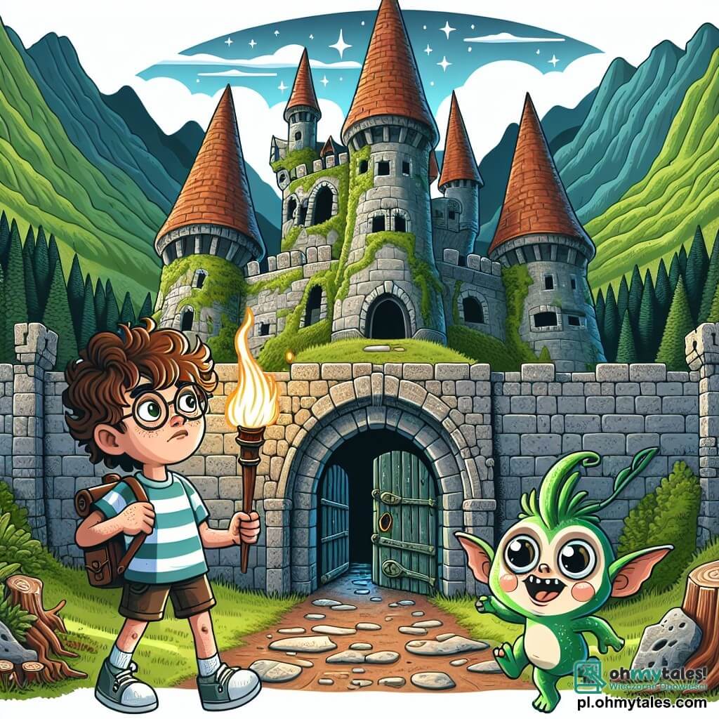 Une illustration sous forme de dessin destinée aux enfants représentant un vieux château en ruines, entouré de montagnes verdoyantes et de forêts luxuriantes, avec un garçon de 9 ans aux cheveux châtains et bouclés, portant un t-shirt rayé et un short, tenant une lampe torche dans une main et regardant avec émerveillement un petit stworek vert aux grands yeux ronds qui saute de joie à ses côtés, alors qu'ils se tiennent devant une porte mystérieuse qui s'ouvre sur un monde magique, symbolisant leur quête pour découvrir un trésor caché.