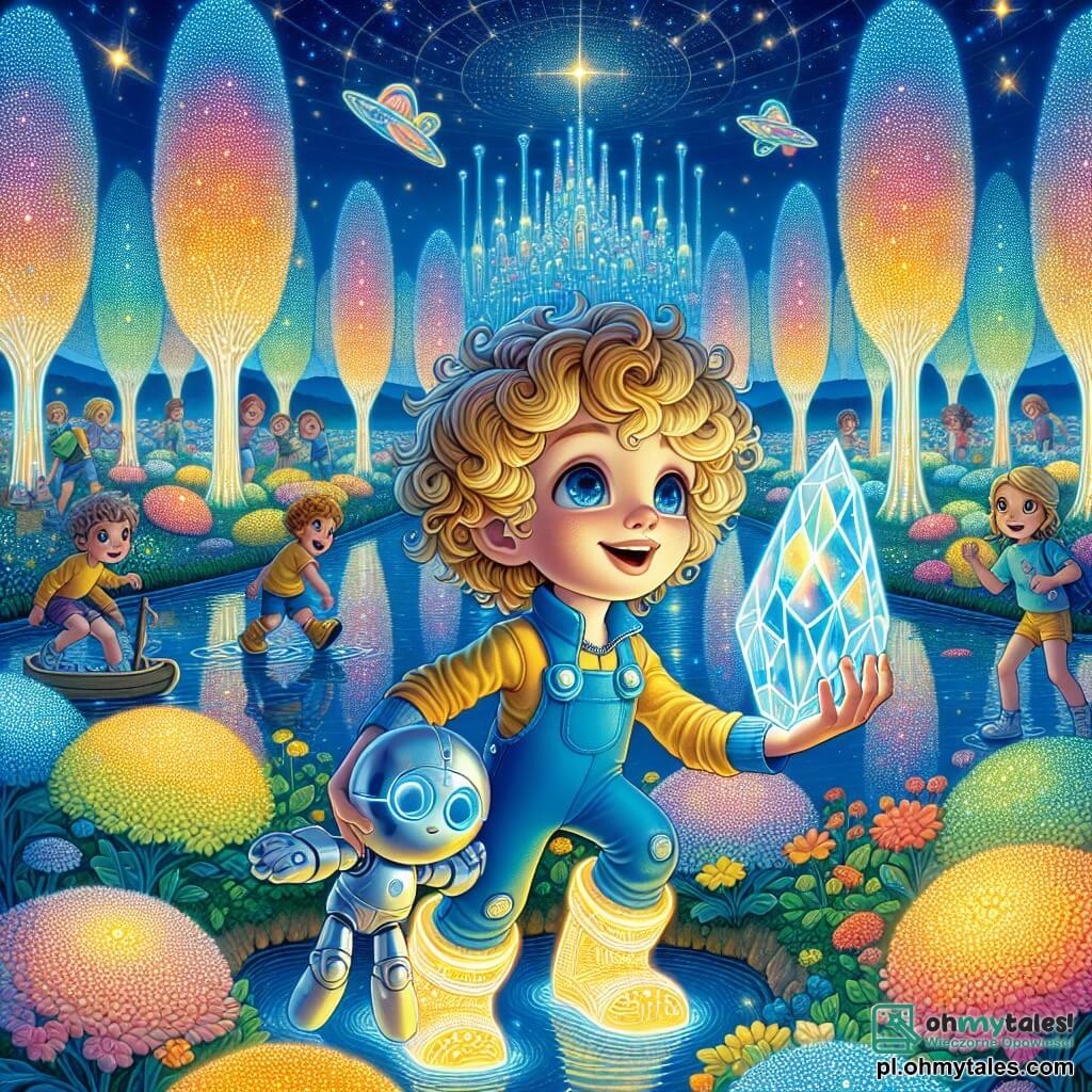 Ilustracja przedstawiająca futurystyczny park w mieście Luminara, gdzie drzewa o przezroczystych pniach błyszczą pod gwiaździstym niebem, oświetlone kolorowymi światłami. W centrum pięcioletni chłopiec z kręconymi, złotymi włosami, ubrany w niebieski kombinezon i świecące buty, siedzi w małej łódce na jeziorze o tęczowych refleksach, trzymając w rękach piękny, błyszczący kryształ, z wielkim uśmiechem zachwytu na twarzy. Obok niego mały robot z okrągłymi, wyrazistymi oczami, o srebrnym ciele i ruchomych ramionach, z ciekawością obserwuje kryształ. W tle inne dzieci w wieku od 6 do 8 lat radośnie bawią się, otoczone kolorowymi kwiatami, które rozkwitają wokół nich, podczas gdy światła tańczą w powietrzu, tworząc magiczną i radosną atmosferę.