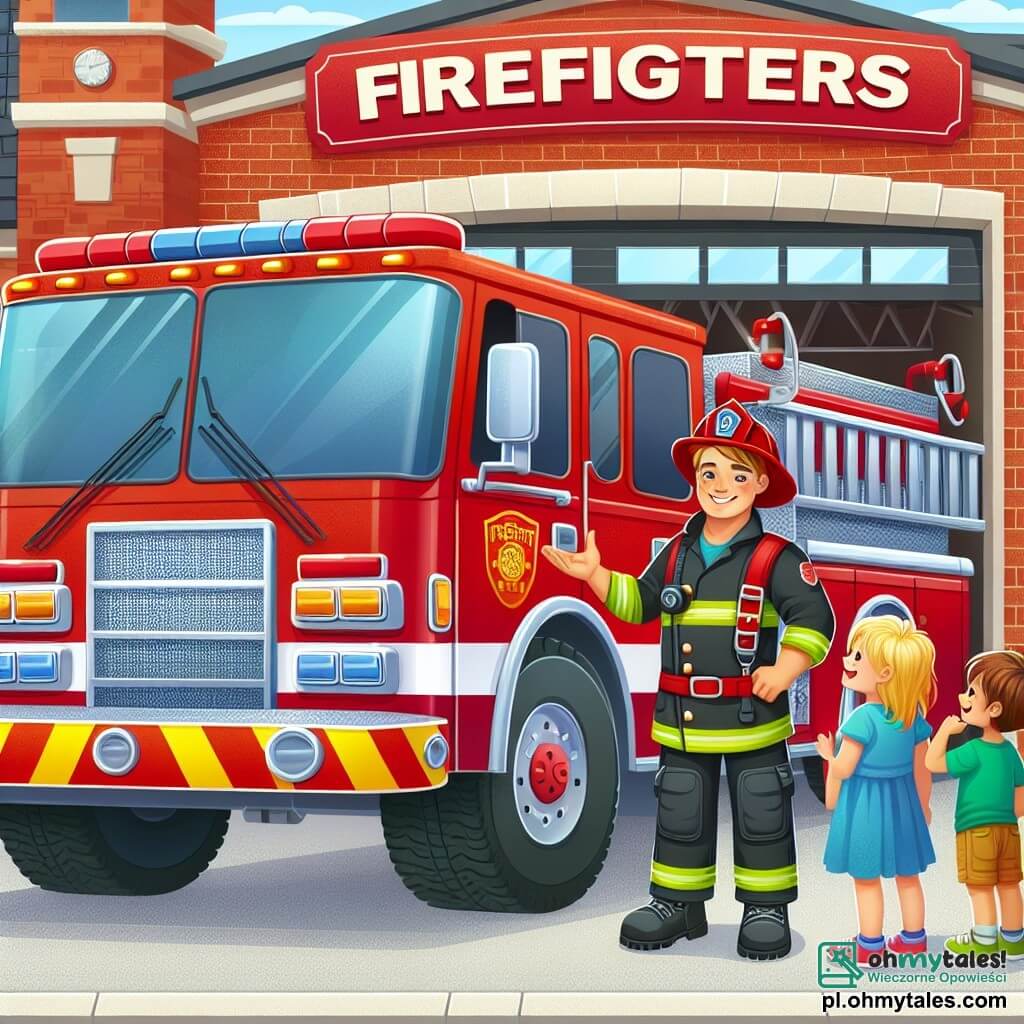 Une illustration sous forme de dessin destinée aux enfants représentant une remorque de pompiers rouge vif, garée devant une caserne en brique avec un grand panneau "Pompiers" au-dessus, où un homme musclé avec un casque de pompier et une tenue rouge, souriant et accueillant, montre fièrement son grand camion aux enfants, dont une fille aux cheveux blonds et une robe bleue, qui l'écoute avec émerveillement, tandis qu'un garçon aux cheveux bruns, vêtu d'un t-shirt vert, lève la main pour poser une question, le tout dans une atmosphère joyeuse et colorée, pleine d'enthousiasme et de camaraderie.