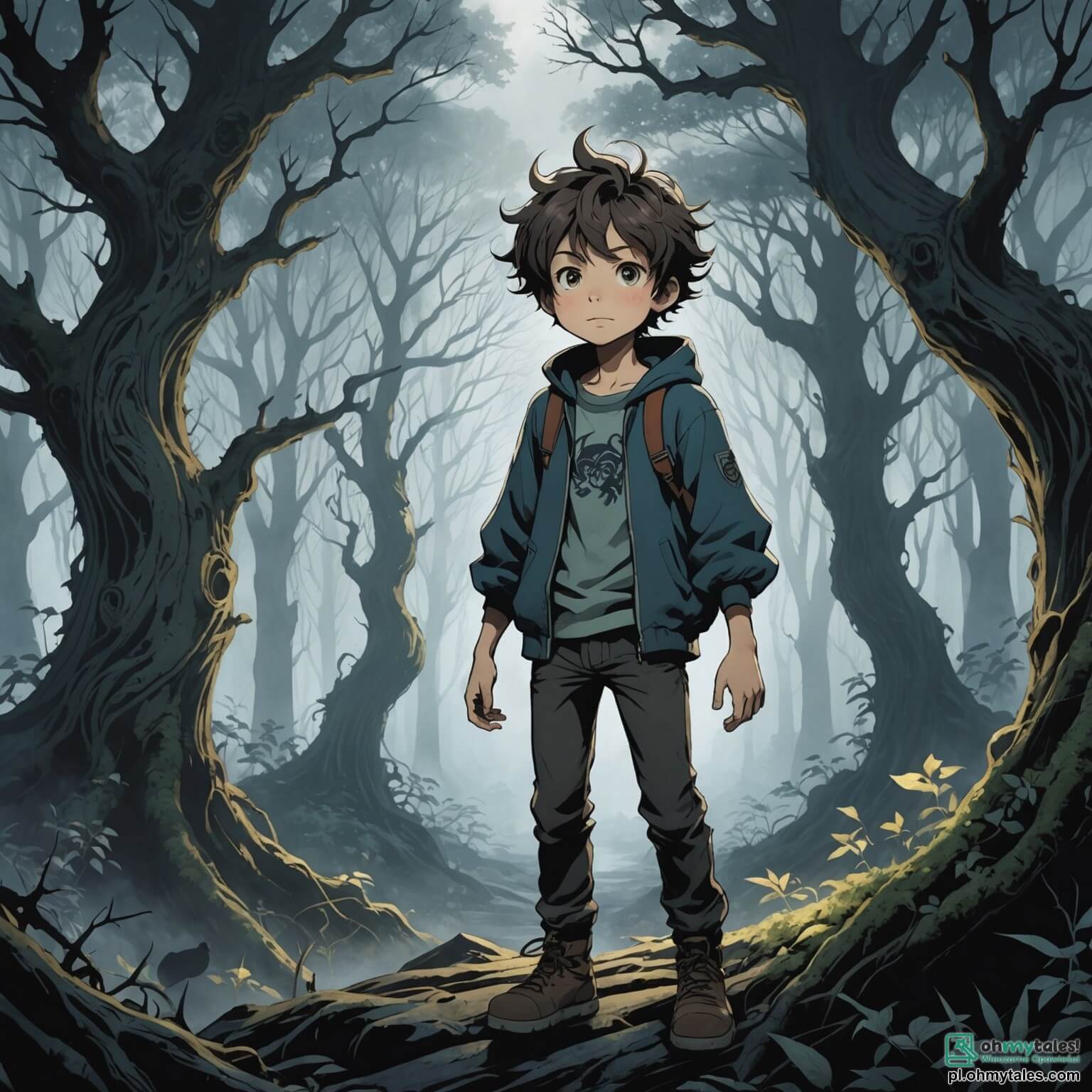 Une illustration destinée aux enfants représentant un garçon intrépide aux cheveux ébouriffés, les yeux brillants d'excitation et de curiosité, se tenant au bord d'une forêt sombre et mystérieuse, où les arbres tordus et noueux, aux branches comme des bras squelettiques, semblent murmurer des secrets anciens, tandis qu'une brume épaisse et glaciale s'étend sur le sol, dissimulant des ombres furtives, et où, à ses côtés, se trouve une jeune fille au regard déterminé, portant une lampe vacillante qui éclaire timidement le chemin, alors qu'ils s'apprêtent à explorer les profondeurs de ce royaume effrayant, où des créatures étranges et des échos de rires sinistres résonnent dans l'air, promettant des aventures palpitantes mais aussi des frissons glacials.