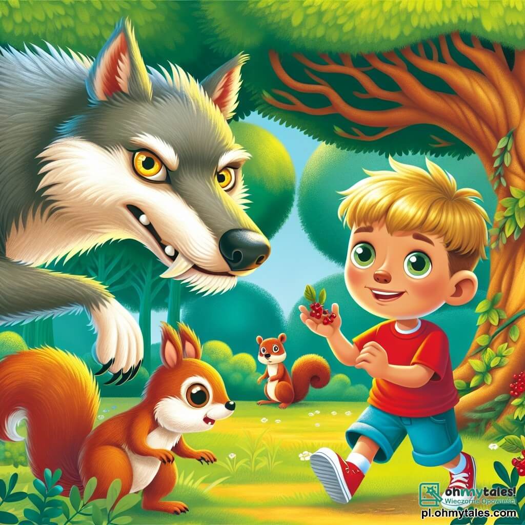 Une illustration sous forme de dessin destinée aux enfants représentant une clairière ensoleillée dans une forêt verdoyante, où un garçon de 5 ans aux cheveux blonds et aux yeux pétillants, portant un t-shirt rouge et un short bleu, se tient courageusement face à un grand méchant loup au pelage gris argenté et aux yeux dorés, qui sourit de manière rusée, tandis qu'une petite wiewiórka aux poils roux et aux grands yeux curieux se cache derrière un arbre, observant la scène avec inquiétude, alors que le garçon propose de partager des baies pour apaiser le loup, illustrant ainsi le thème de la bravoure et de l'amitié inattendue.