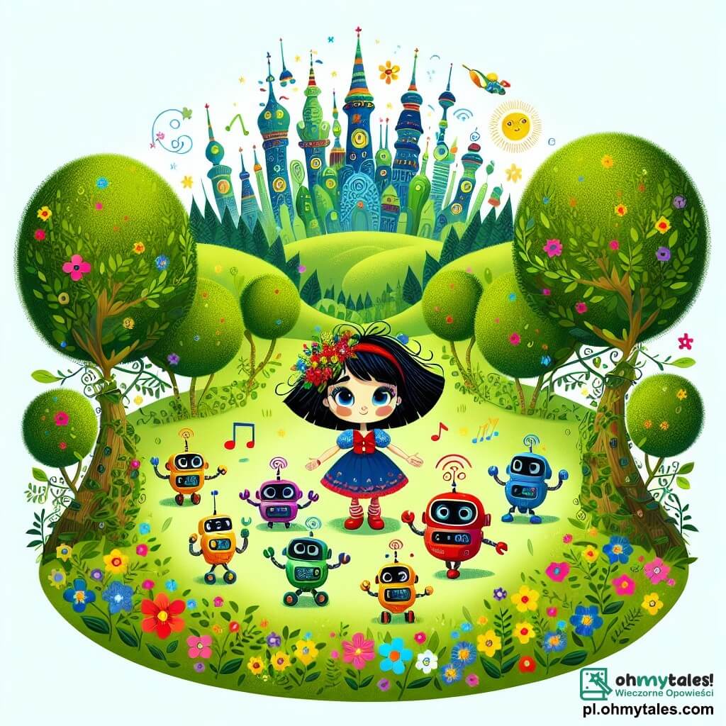 Une illustration sous forme de dessin destinée aux enfants représentant un parc verdoyant et coloré, où une jeune fille aux cheveux noirs comme l'ébène, portant une robe rouge et bleue, se tient au centre, entourée de sept petits robots aux formes amusantes et colorées, chacun avec des yeux brillants et des outils écologiques à la main, alors qu'ils travaillent ensemble pour créer une invention magique pour sauver leur ville de la pollution, avec des fleurs éclatantes et des arbres majestueux en arrière-plan, symbolisant l'harmonie entre la technologie et la nature.