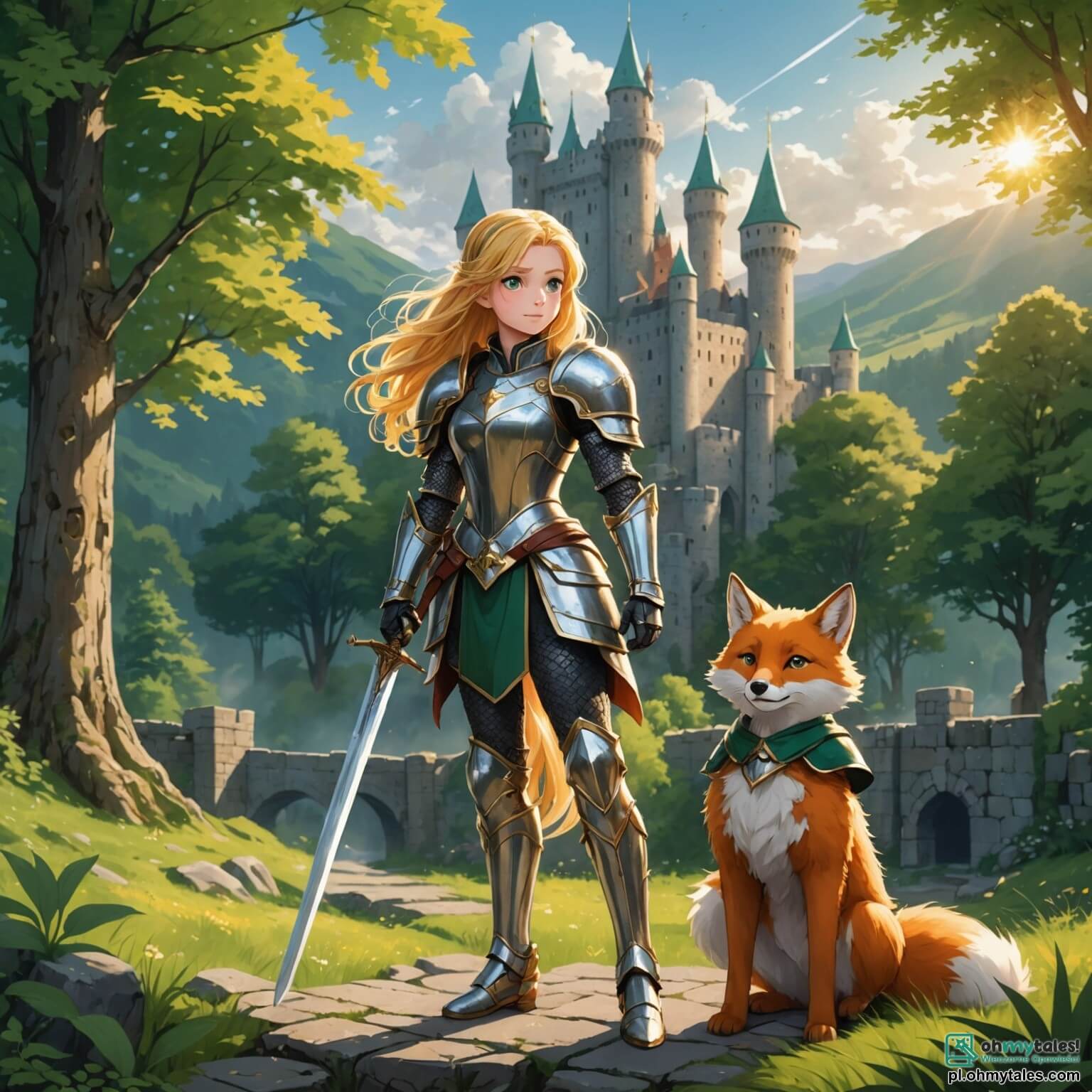 Une illustration destinée aux enfants représentant une courageuse chevaleresse aux cheveux dorés scintillant comme des rayons de soleil, vêtue d'une armure étincelante, brandissant fièrement son épée tout en se tenant devant un majestueux château aux tours élancées et aux murs de pierre grise, entouré d'une forêt dense où les arbres aux feuilles vert émeraude murmurent des secrets, tandis qu'à ses côtés se tient un astucieux renard au pelage roux, son fidèle compagnon, et une belle princesse aux robes colorées, emprisonnée dans une tour, le tout dans un royaume où le ciel est d'un bleu éclatant et les nuages flottent doucement, créant une scène à la fois magique et pleine de promesses d'aventures épiques.