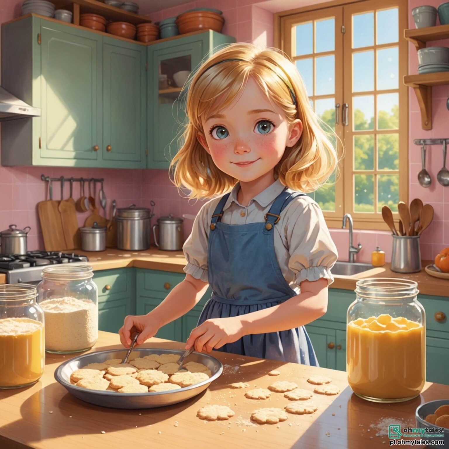 Une illustration destinée aux enfants représentant une petite fille aux cheveux dorés, aux yeux pétillants de curiosité, se tenant dans une cuisine ensoleillée, où les rayons du soleil dansent sur les murs peints de couleurs pastel, entourée de pots de farine et de sucre, tandis qu'elle se prépare à cuisiner des biscuits en mémoire de sa douce grand-mère, une femme âgée au sourire chaleureux, dont l'absence plane comme une légère brise, et qui, bien que disparue, continue de vivre dans les histoires et les souvenirs partagés, alors que la petite fille, avec son cœur lourd mais plein d'amour, s'efforce de célébrer la vie et la mémoire de celle qui lui a tant appris, dans ce cocon familial où chaque coin évoque des rires passés et des moments de tendresse.