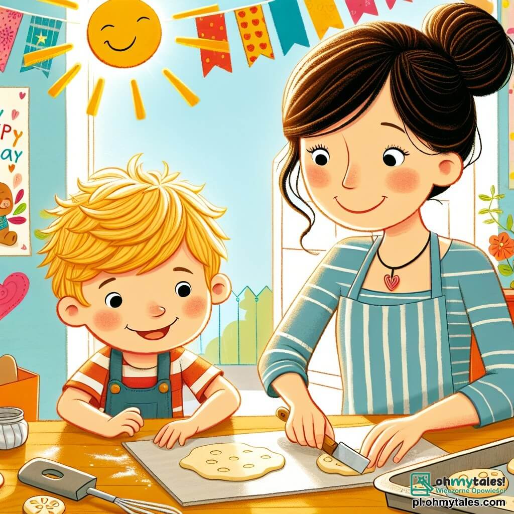Une illustration sous forme de dessin destinée aux enfants représentant une cuisine colorée et ensoleillée, où un garçon de 3 ans aux cheveux blonds et aux yeux pétillants, souriant et concentré, forme des petits biscuits en pâte sur une table en bois, tandis qu'une femme, sa mère, aux cheveux bruns et attachés en chignon, l'observe avec un sourire bienveillant, tenant une spatule, et à l'arrière-plan, des papiers colorés et une carte de vœux faite main pour la fête des pères, créant une atmosphère joyeuse et festive.