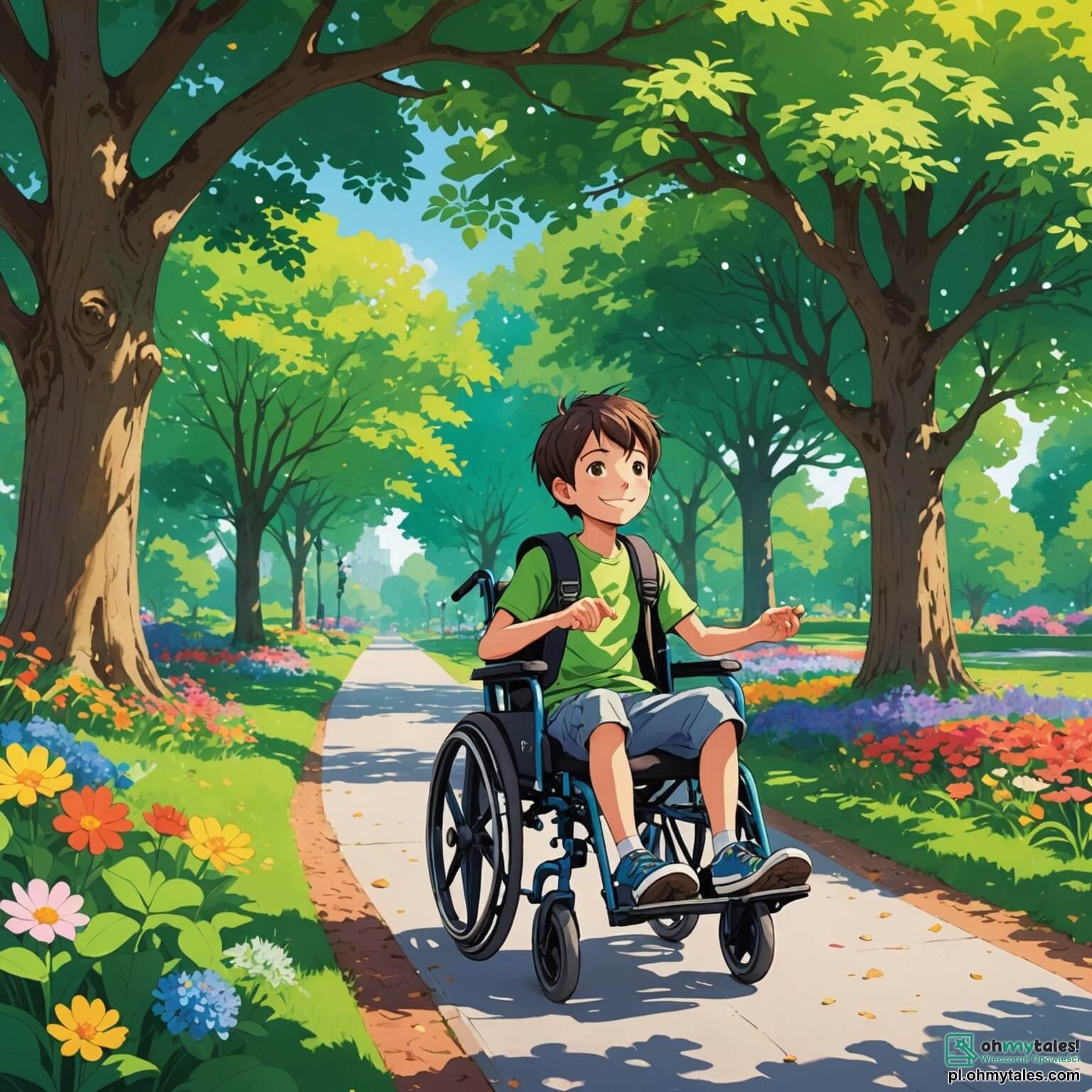 Une illustration destinée aux enfants représentant un garçon de 10 ans, pétillant de curiosité et de joie, se déplaçant avec aisance dans son élégant fauteuil roulant aux couleurs vives, explorant un parc enchanteur où les arbres majestueux, aux feuilles vertes éclatantes, dansent doucement sous la brise légère, tandis que des fleurs multicolores, comme des éclats de peinture, parsèment le sol, et où il s'amuse avec ses deux amis, un garçon espiègle aux cheveux blonds et une fille rieuse aux tresses brunes, tous trois s'engageant dans une aventure ludique de construction de châteaux de sable et de jeux d'imagination, prouvant que l'amitié et la créativité transcendent toutes les différences.