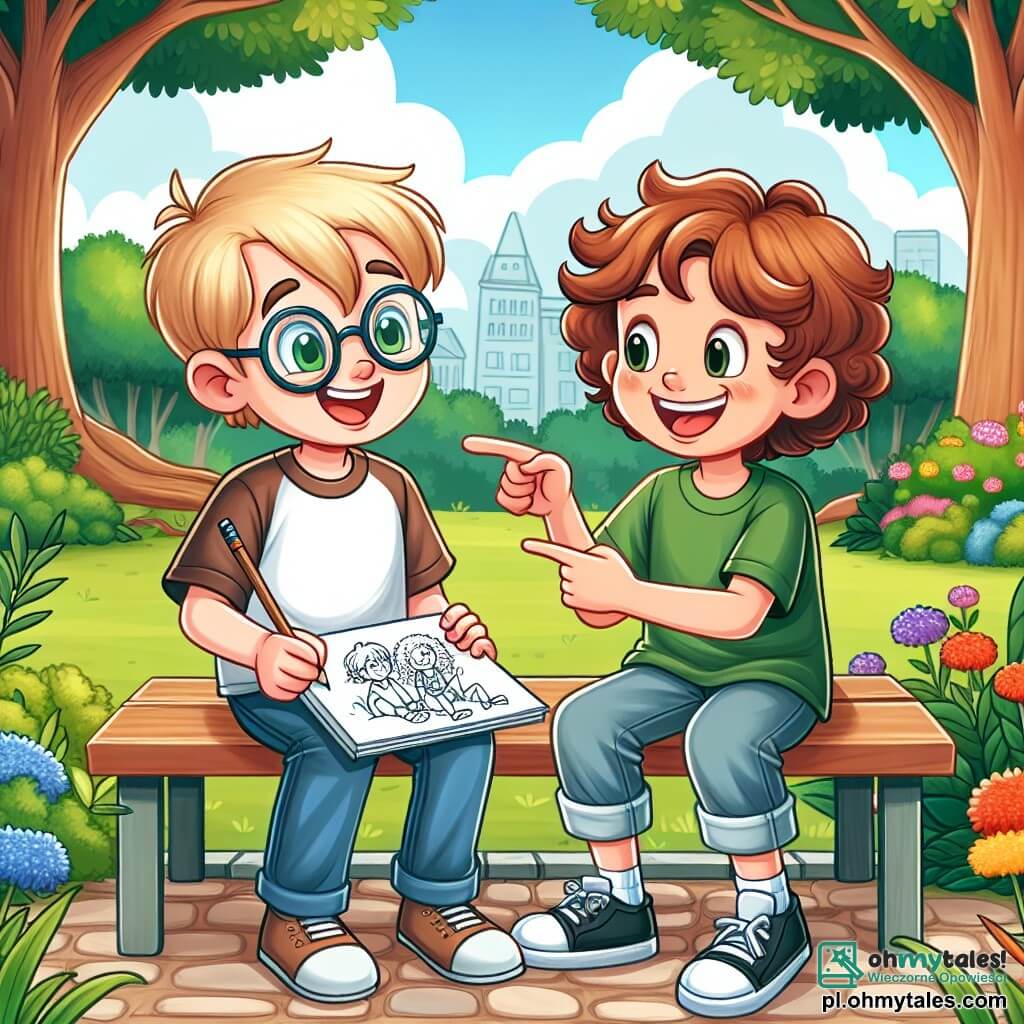 Une illustration sous forme de dessin destinée aux enfants représentant un parc ensoleillé avec des arbres verdoyants et des fleurs colorées, où un garçon de 11 ans aux cheveux bruns et aux lunettes, assis sur un banc, dessine avec enthousiasme dans un carnet, tandis qu'une fille aux cheveux blonds et bouclés, souriante, l'encourage en pointant du doigt ses dessins, créant une atmosphère de confiance et d'amitié, symbolisant le moment où le garçon découvre sa passion pour l'art et surmonte ses doutes.